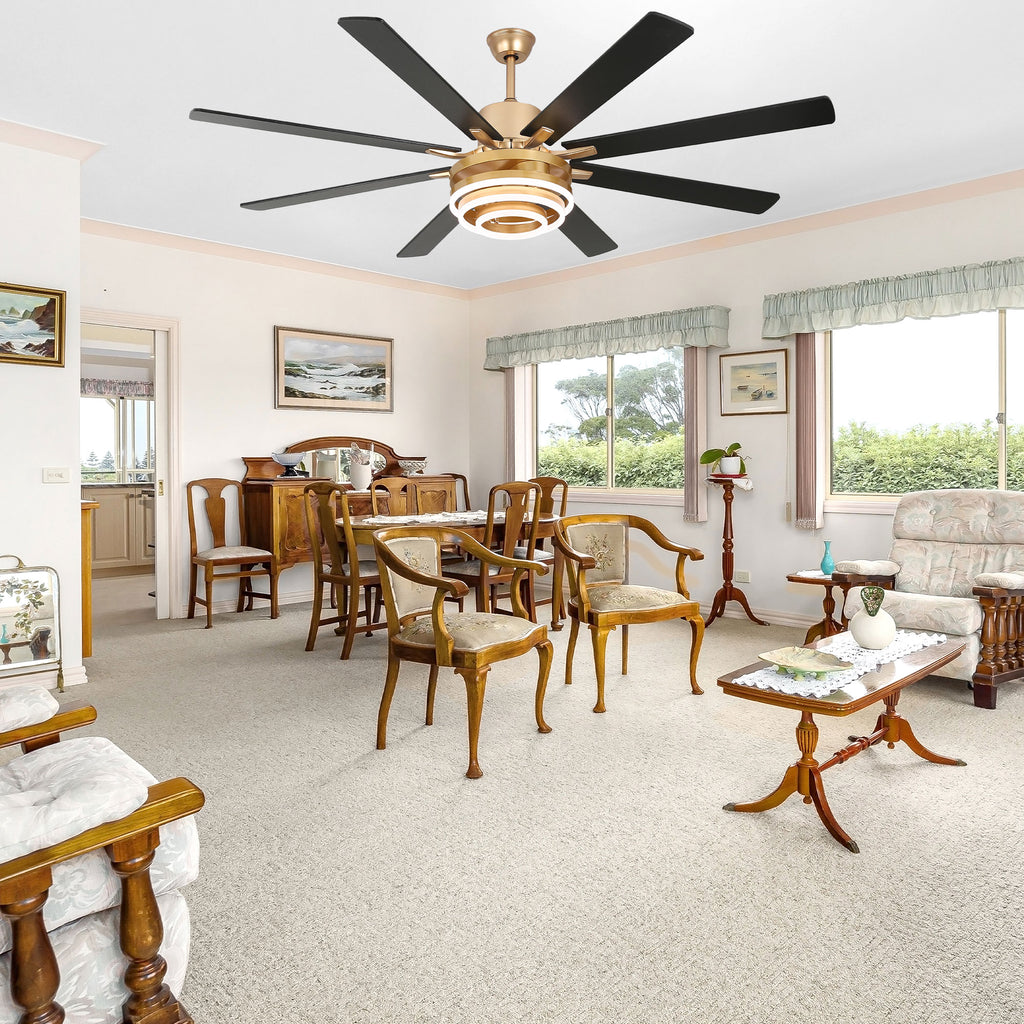 72 Inch Black/Gold/Chrome 8-Blade Modern Extra Large Ceiling Fan with LED Light and Remote, 6 Speeds DC Motor Reversible Ceiling Fan DIY Shade
