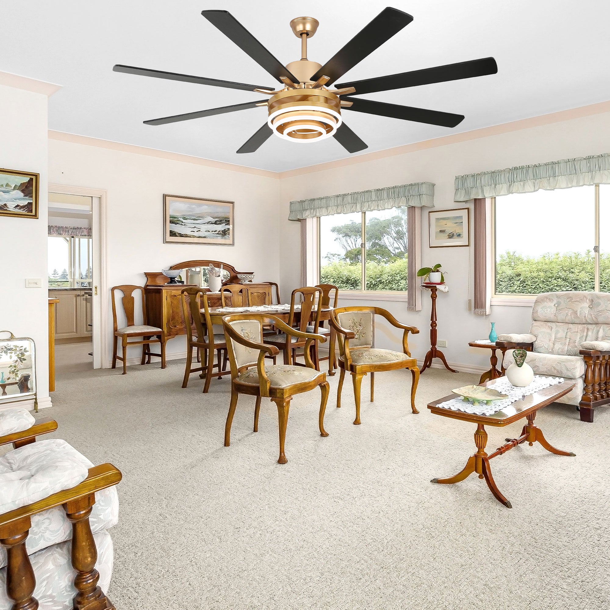 DC7205-BellaDepot 72" 8 Blades Gold/Black/Silver Finish Modern Urban Reversible Ceiling Fan with Remote and LED Light Kit Included, Large Size Dimmable Ceiling Fan