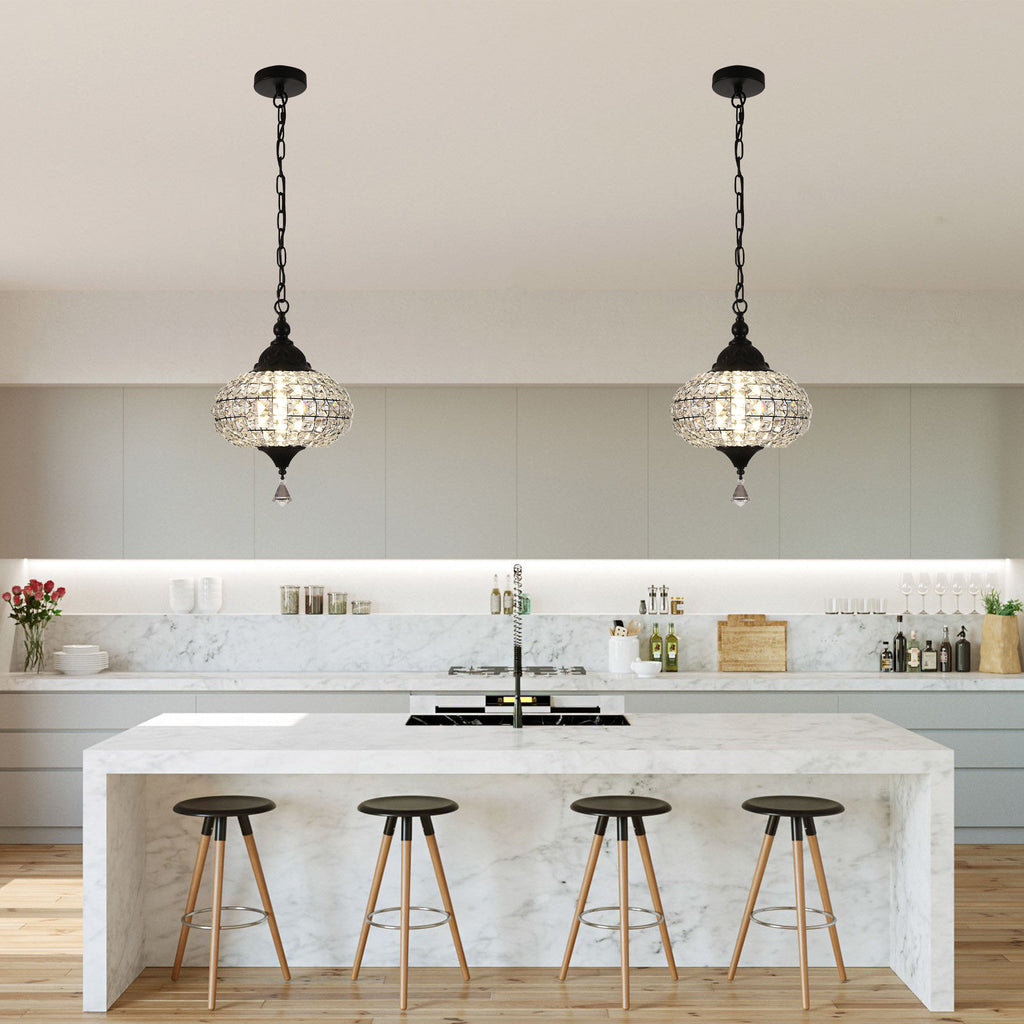 1 - Light Black/Chrome Globe Crystal Pendant Light with LED, 11.2" Dining Room Light Fixtures Kitchen Island Light