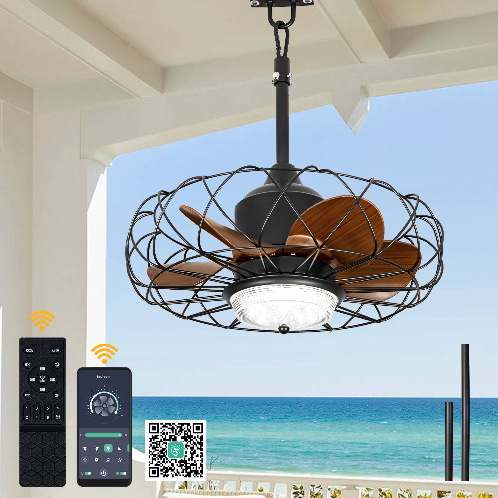 21 Inch Outdoor Caged Ceiling Fan with LED Light and Remote & APP Control, 6-Speed Reversible Modern Waterproof Industrial Ceiling Fan for Patio