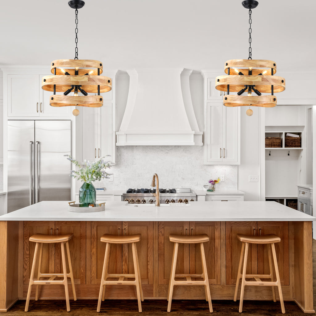 6-Light Farmhouse Weathered Wood Chandelier, 20" 3-Tiered Wooden Chandelier, Rustic Pendant Light for Dining Room