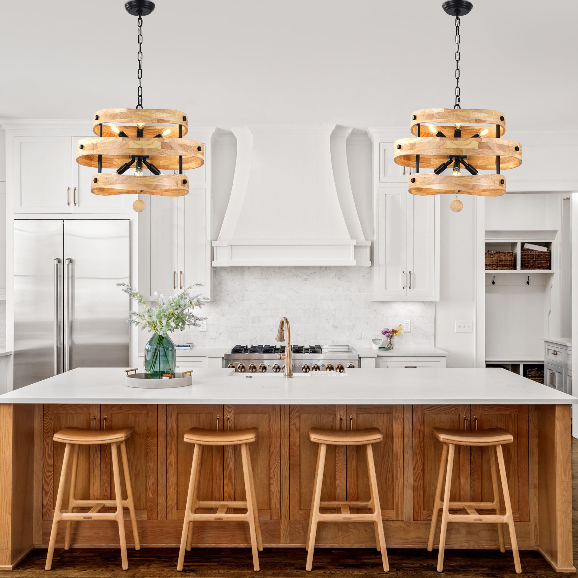 6-Light Farmhouse Weathered Wood Chandelier, 20" 3-Tiered Wooden Chandelier, Rustic Pendant Light for Dining Room