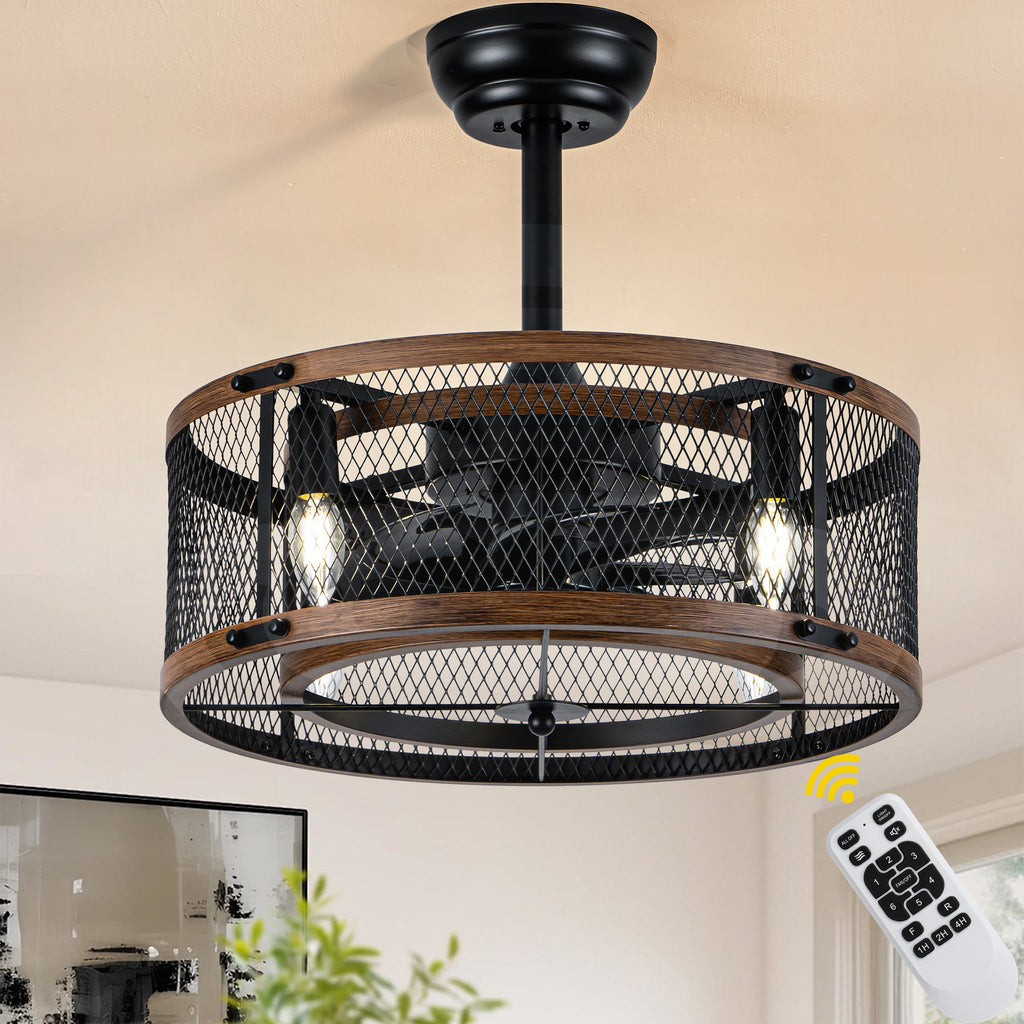 20 Inch Farmhouse Industrial Cage Ceiling Fan with Light and Remote, 6-Speed Reversible DC Motor Fandelier Bladeless Ceiling Fan