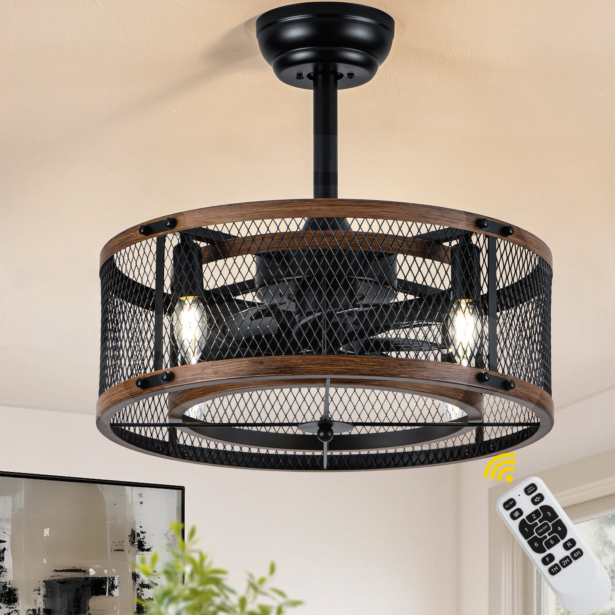 20 Inch Farmhouse Industrial Cage Ceiling Fan with Light and Remote, 6-Speed Reversible DC Motor Fandelier Bladeless Ceiling Fan