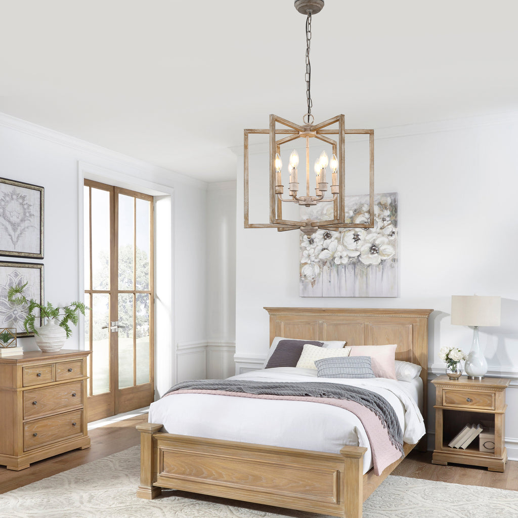 6 - Lights Cottage Distressed Wood Chandelier, 15.7" Height Adjustable Farmhouse Geometric Chandelier