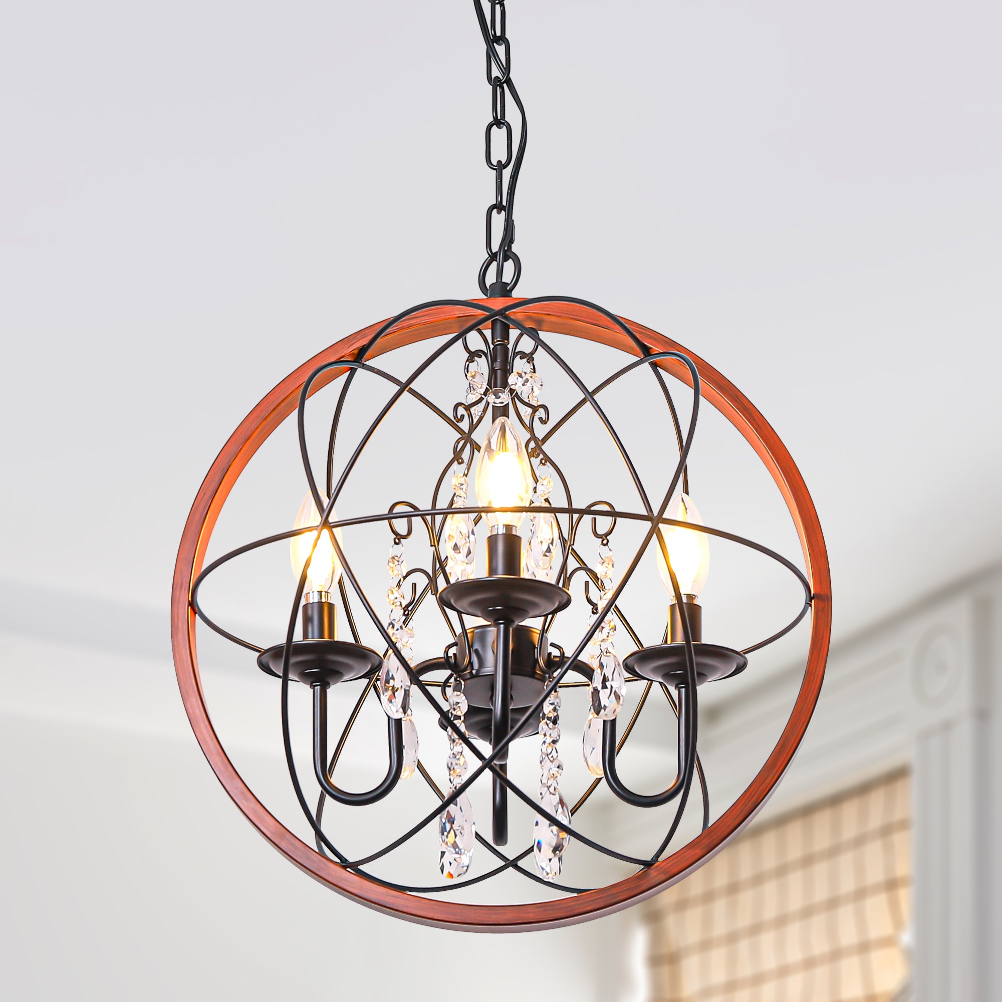 4-Light Crystal Sphere Chandelier, 16.5" Orb Globe Chandelier with Wood Grain Ring, Modern Crystal Chandeliers for Entryway