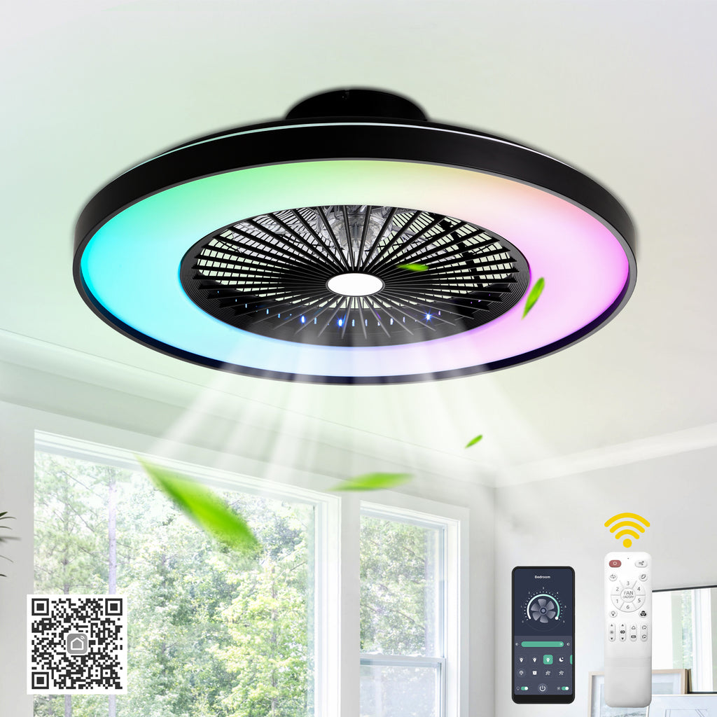 23 Inch Modern Smart Bladeless Ceiling Fan with Dimmable RGB LED Light and Remote,6 Speeds Flush Mount Ceiling Fan for Bedroom
