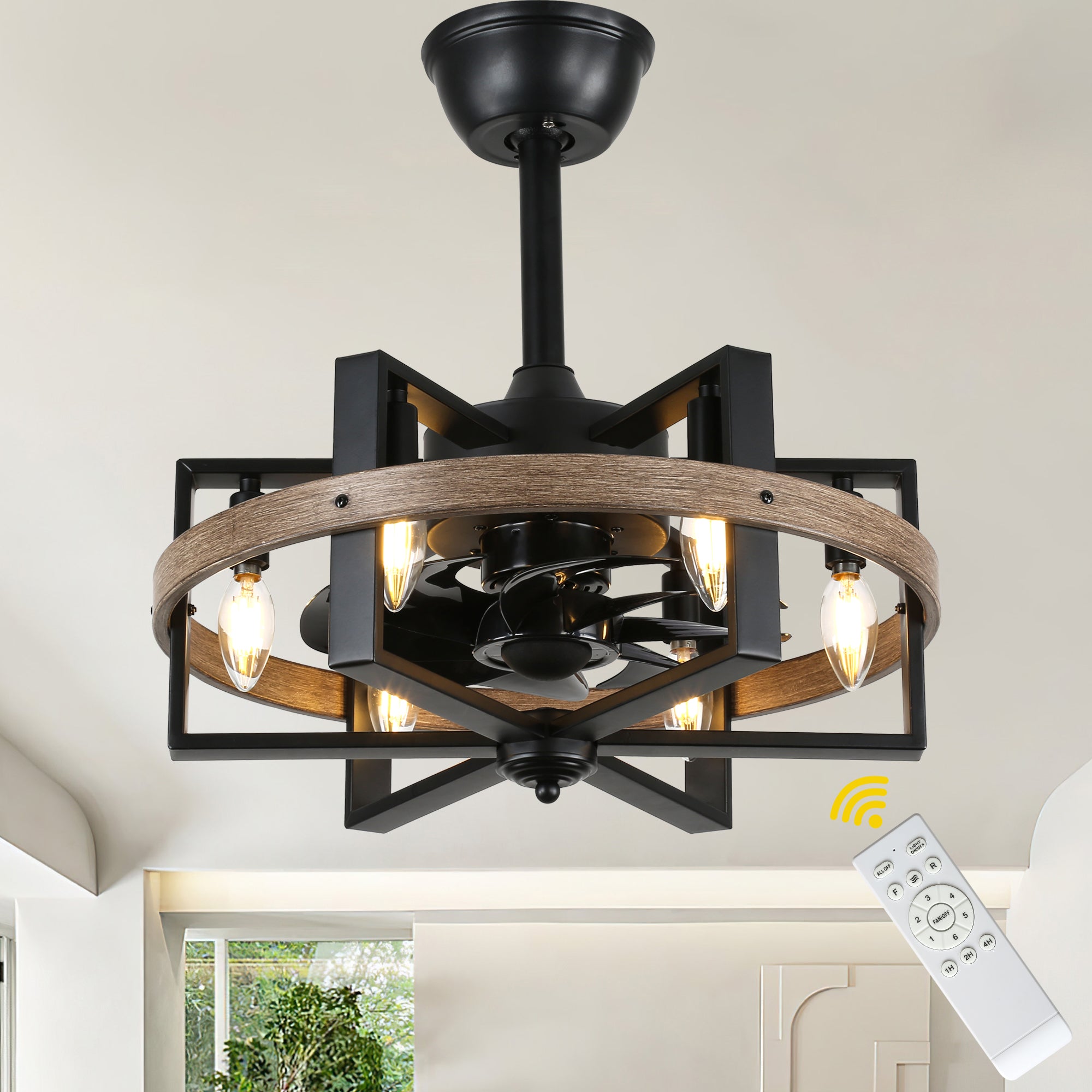 BD1811-BR-BellaDepot 18.5" Industrial Wood Grain Reversible Caged Ceiling Fan with Remote and 6 Lights