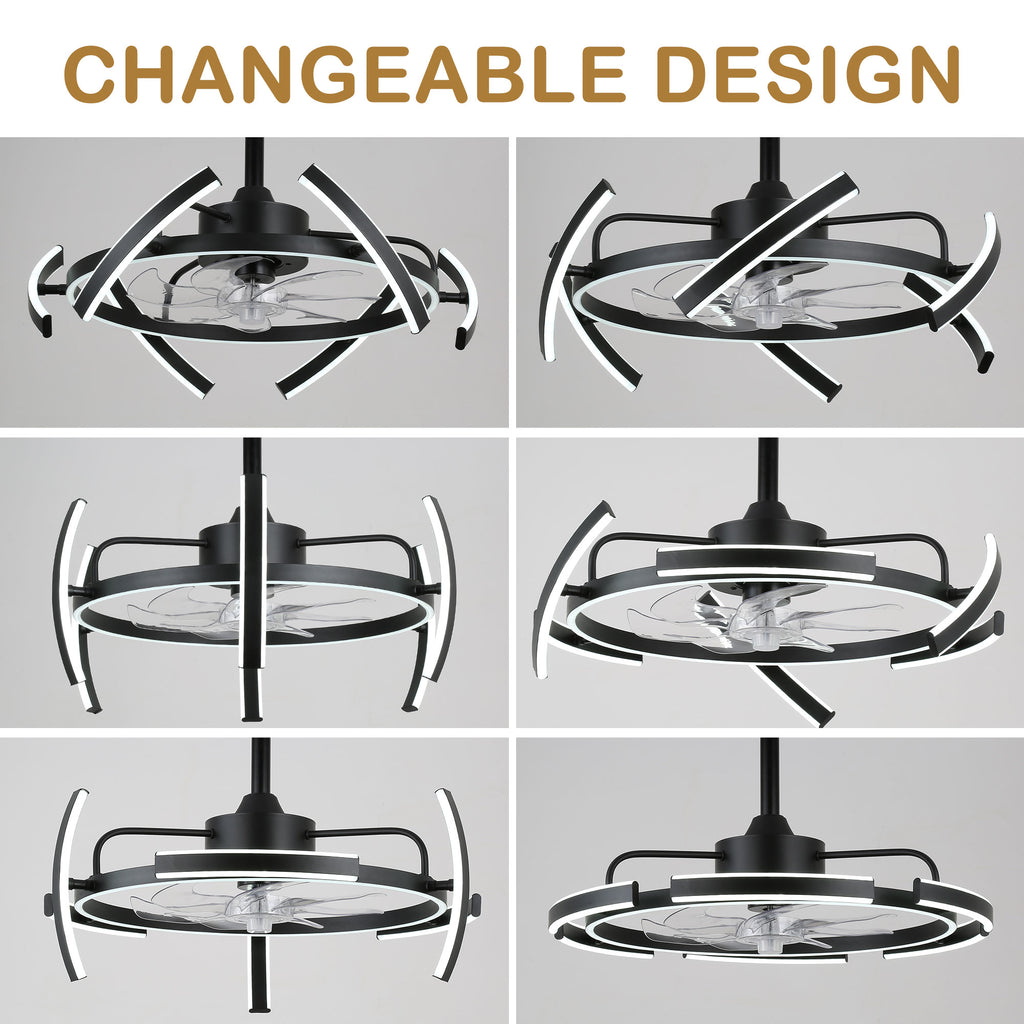 24 Inch Black Modern Smart Ceiling Fan with Dimmable LED Light and Remote, 6 Speeds DC Motor Reversible Bladeless Ceiling Fan with DIY Shape