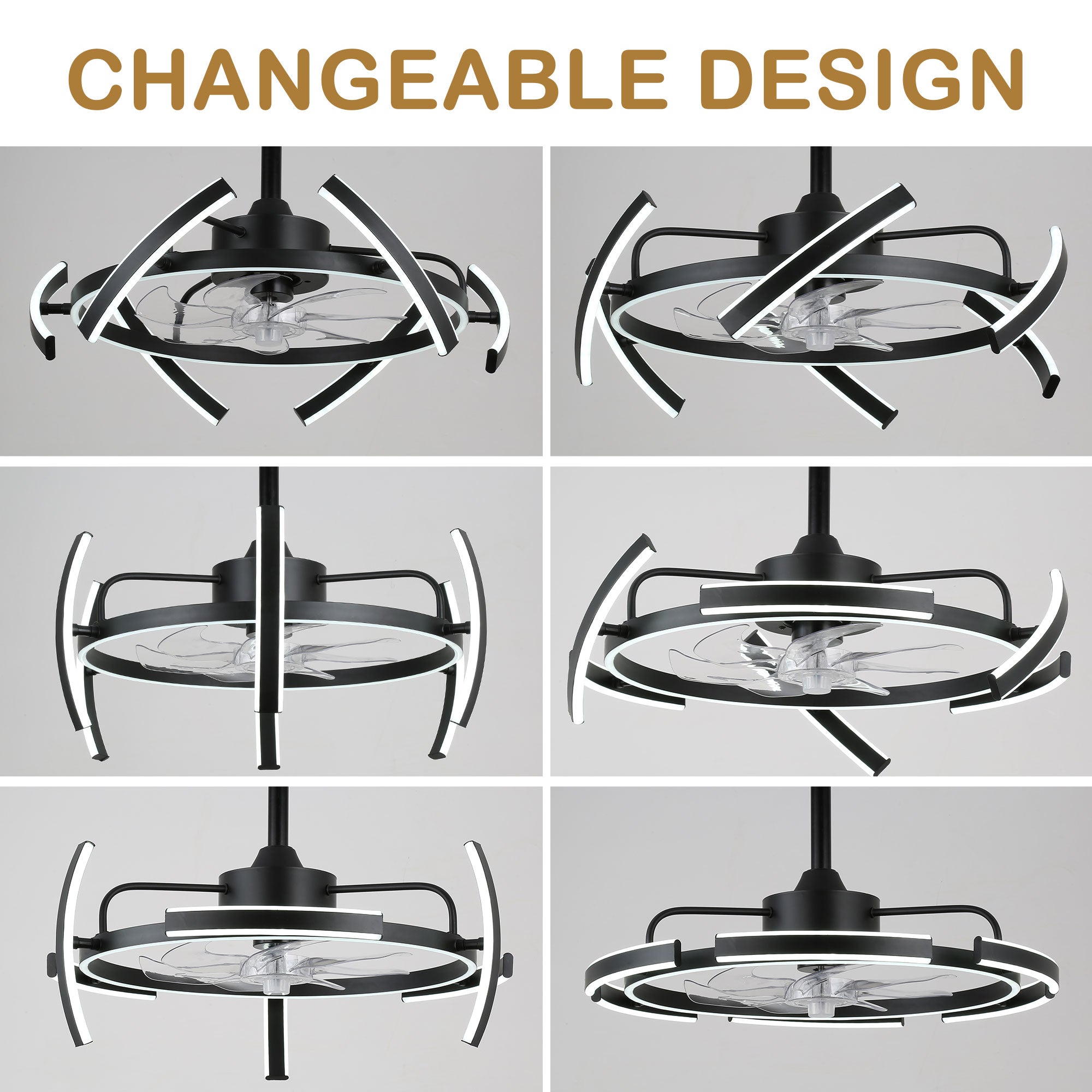 24 Inch Black Modern Smart Ceiling Fan with Dimmable LED Light and Remote, 6 Speeds DC Motor Reversible Bladeless Ceiling Fan with DIY Shape
