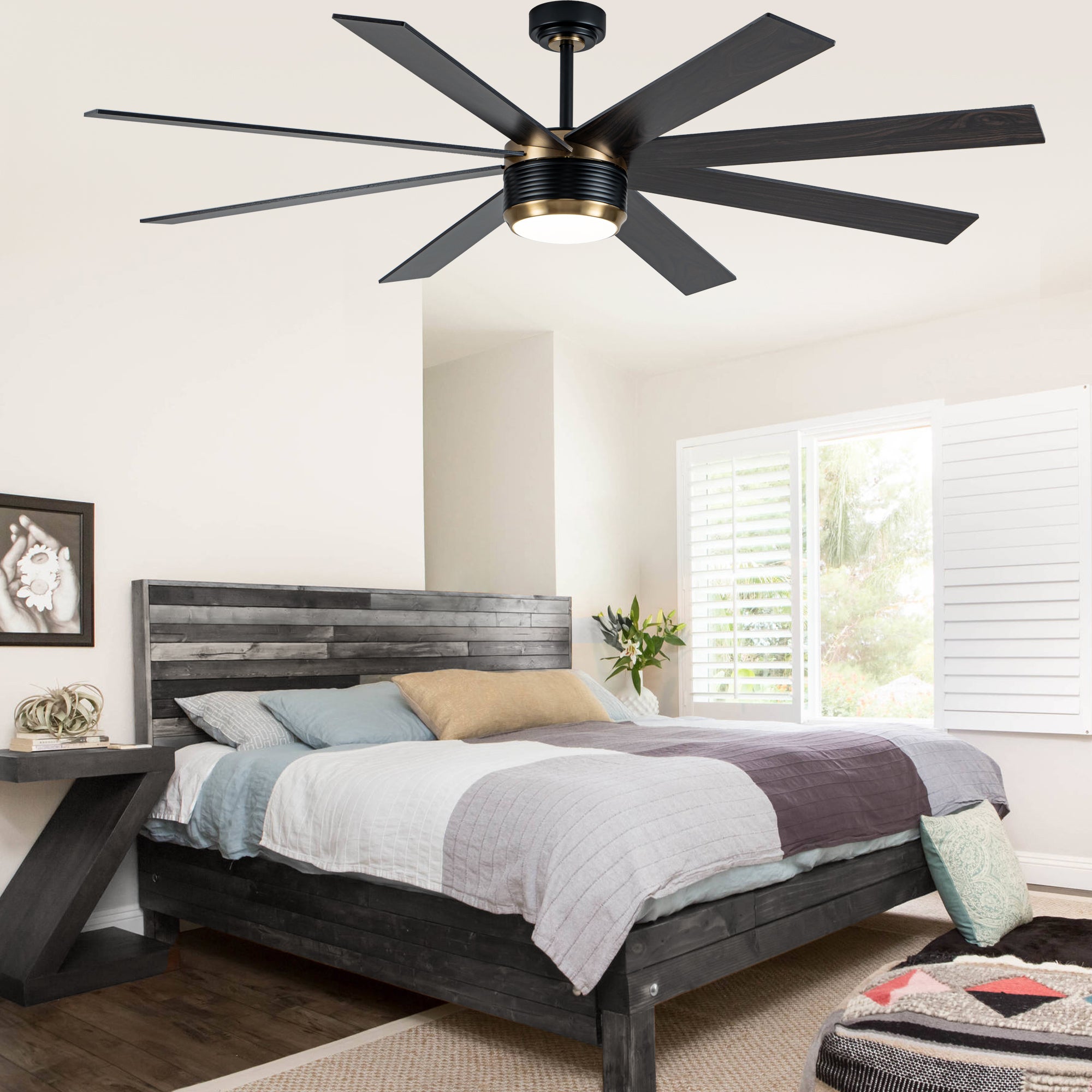 72 Inches Extra Large Ceiling Fan with Dimmable LED Light and Remote, 6 Speeds DC Motor Black Ceiling Fan 8-Blade Reversible Ceiling Fan for Large Room