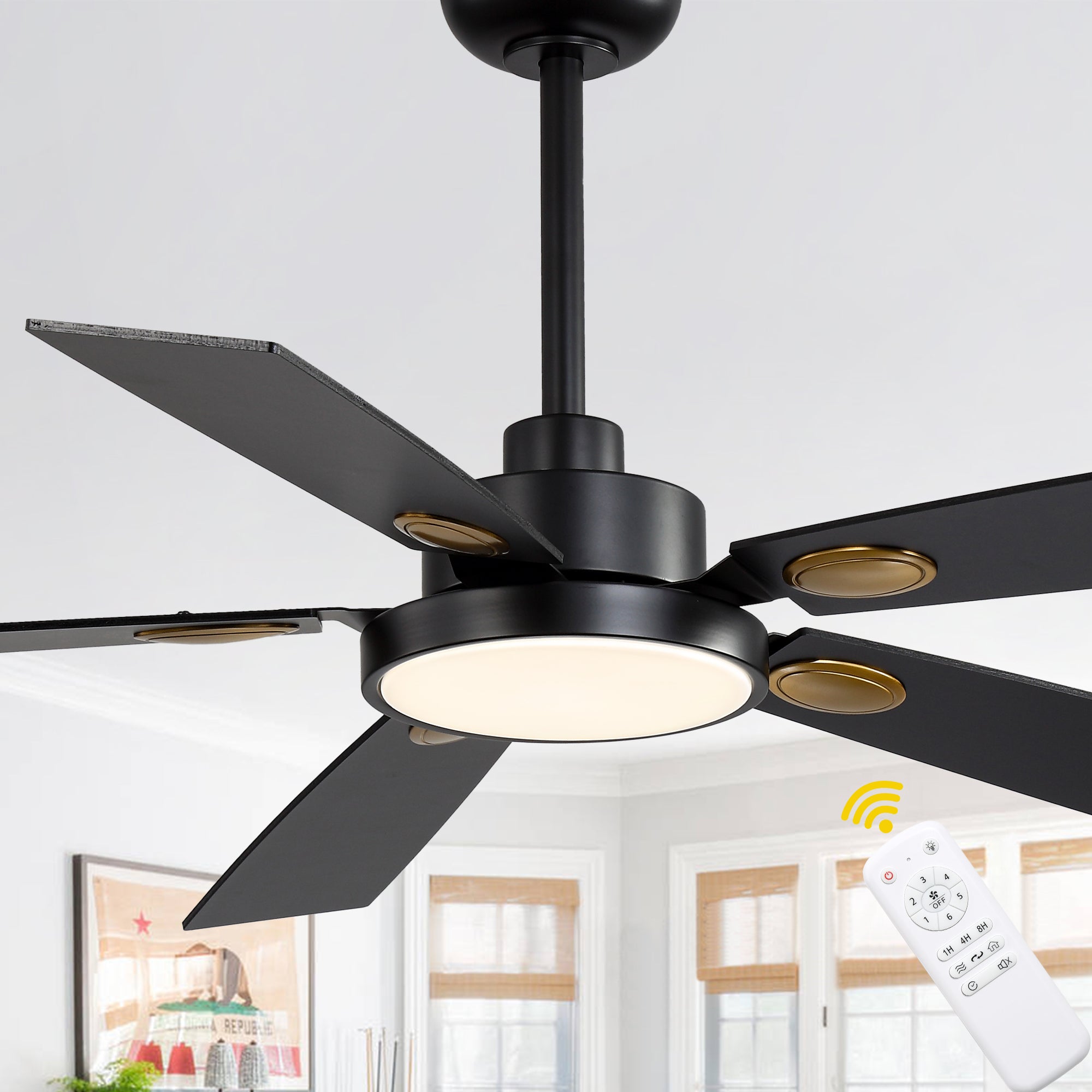 52 Inch Modern Farmhouse LED Ceiling Fan with Light and Remote,6 Speeds DC Motor Reversible Ceiling Fan for Living Room