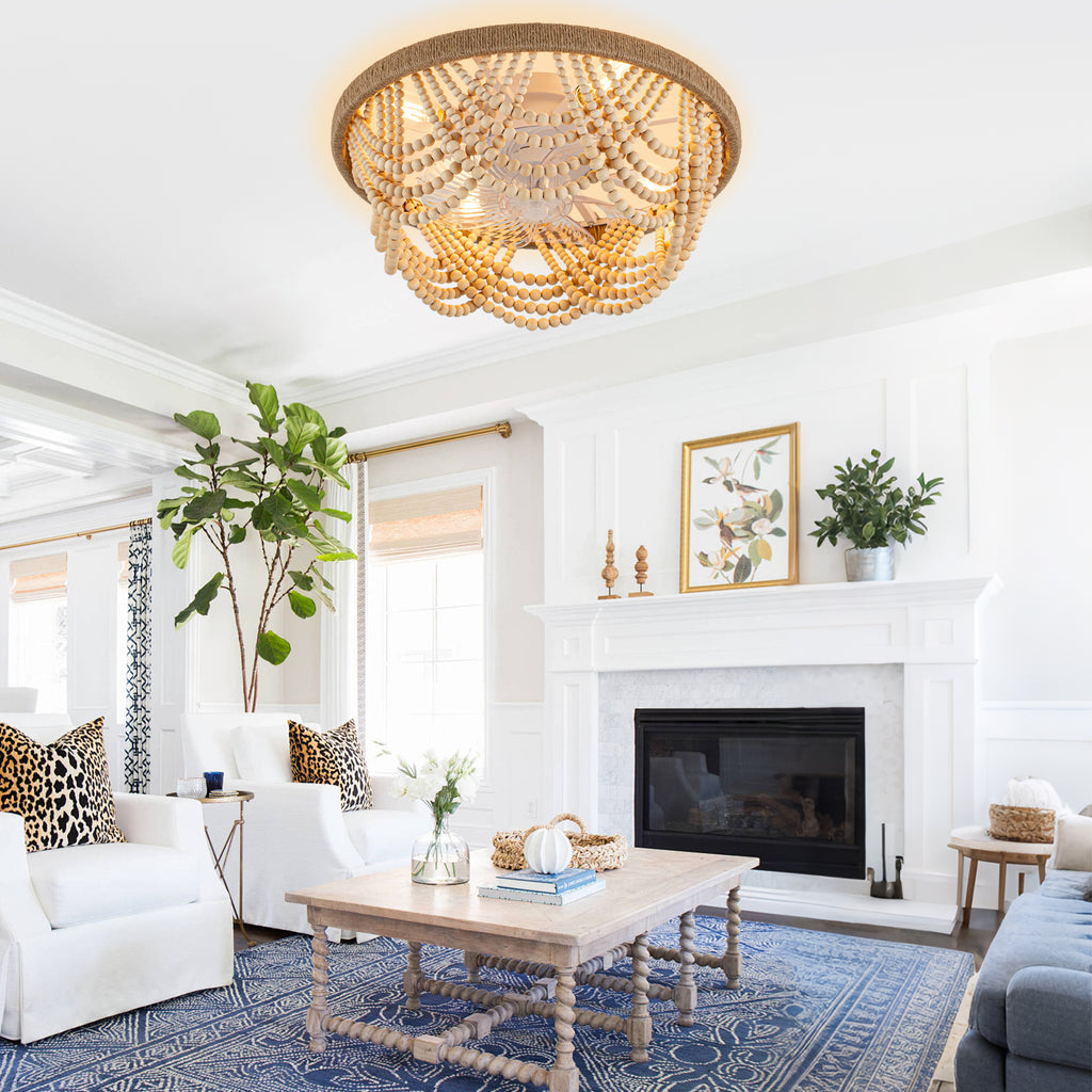 20 Inch Bohemian Flush Mount Ceiling Fan with Lights and Remote, 6 Speeds DC Motor Bladeless Low Profile Ceiling Fan for Bedroom
