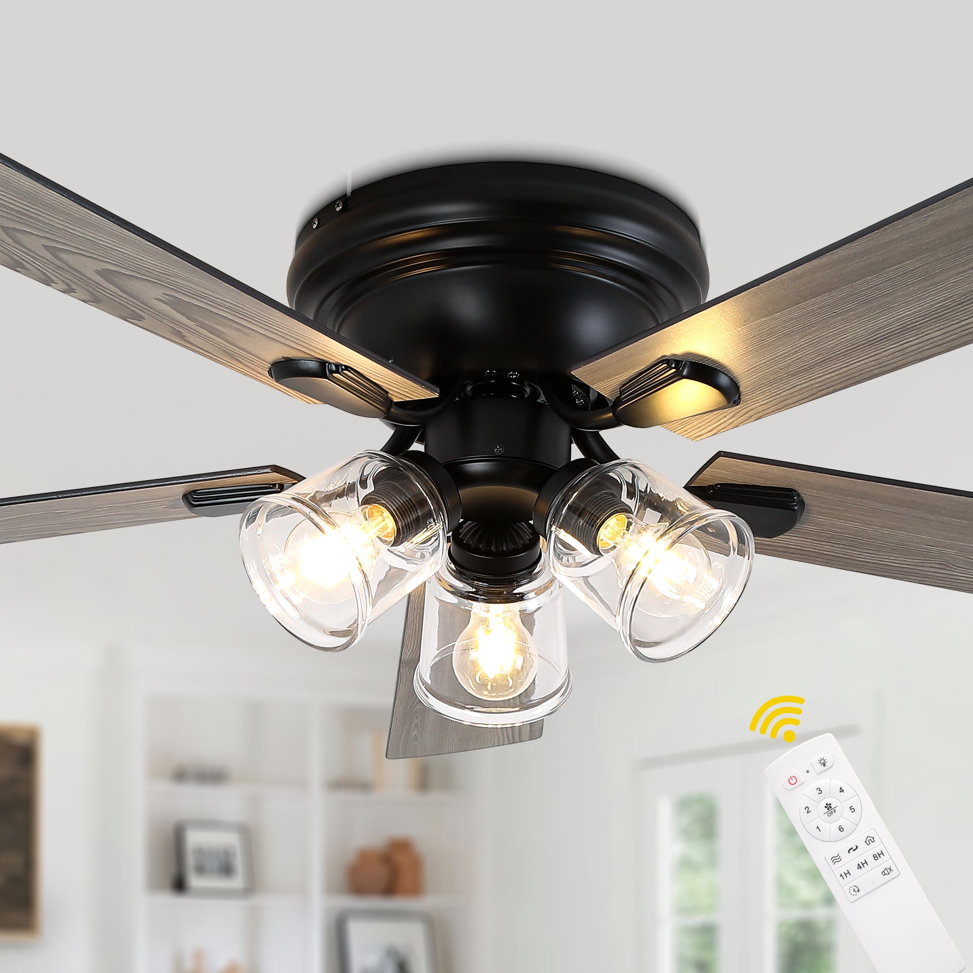 52/60 Inch Black Farmhouse Flush Mount Ceiling Fan with Lights and Remote Control, 6 Speeds DC Motor Low Profile Ceiling Fan with Glass Shade