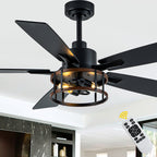 52 Inch Black Farmhouse Ceiling Fan with Lights and Remote Control,6 Speeds Dual-Finish Blades Caged Ceiling Fan