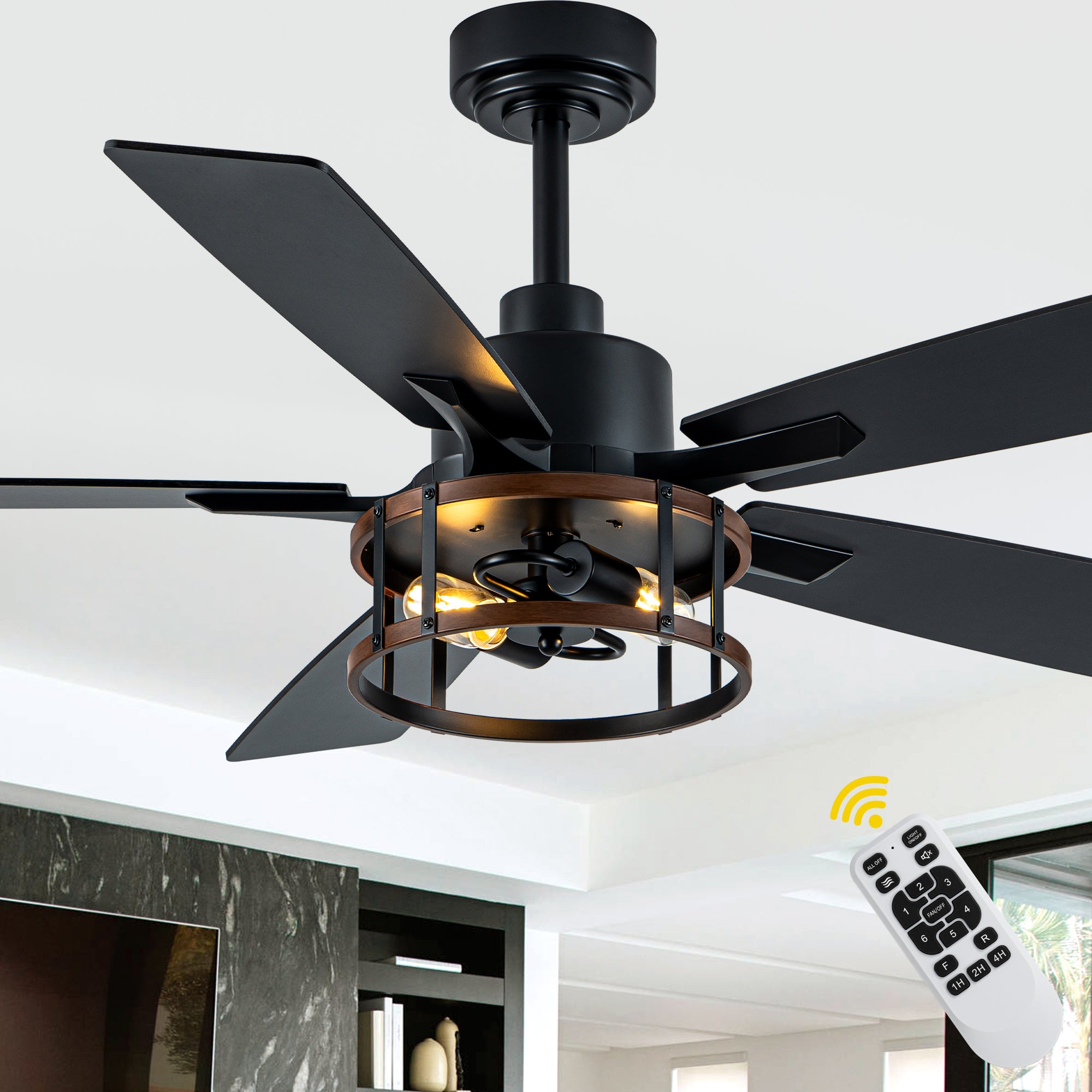 52 Inch Black Farmhouse Ceiling Fan with Lights and Remote Control,6 Speeds Dual-Finish Blades Caged Ceiling Fan