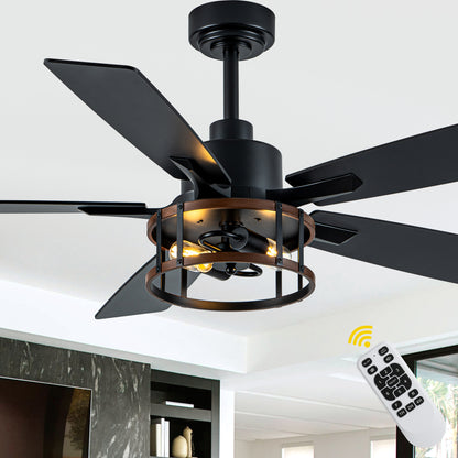 DC255204-B-BellaDepot Wood Grain 6 Speeds Ceiling Fan with Reversible Blades and Downrods, Remote-controlled Large Size Fan Lights