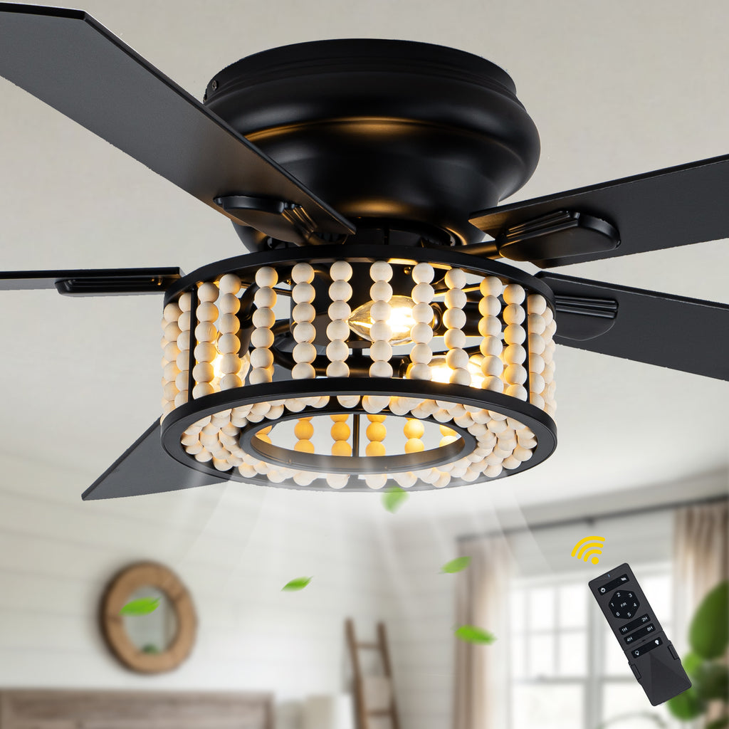 Bohemian 52 Inch Flush Mount Ceiling Fan with Light Quiet DC Motor Reversible 5 Fan Blades Farmhouse Ceiling Fan with Light Remote Control 6 Adjustable Speed Ceiling Fan Suit for Bedrooms, Kitchens, Living Rooms