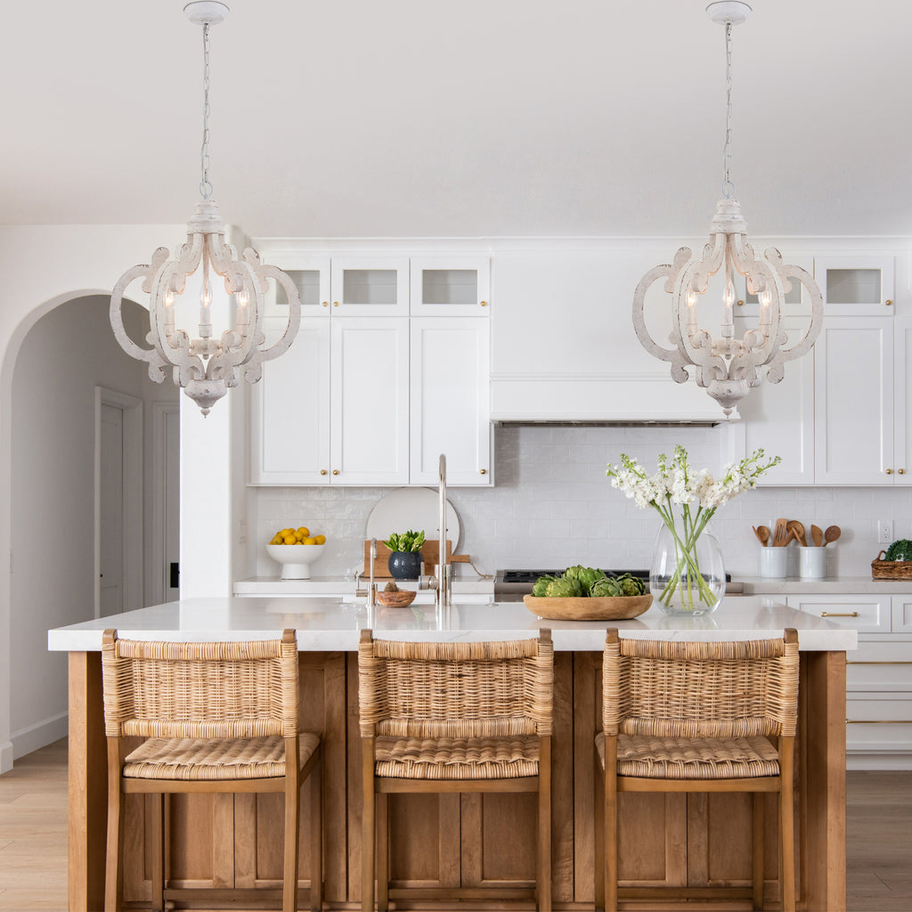 6-Light Distressed Wood French Country Vintage Geometric Chandelier with Adjustable Chain, Farmhouse Solid Wooden Chandelier
