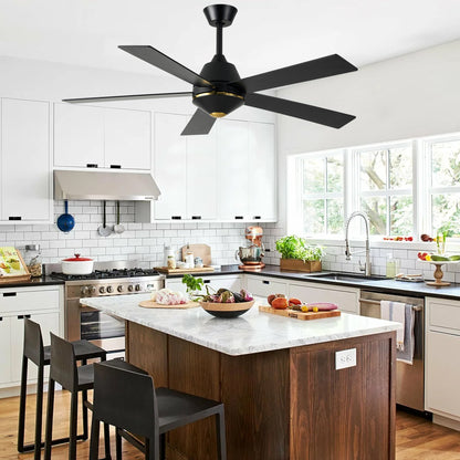 HWJ5219-52" 5 Wooden Blades Modern Reversible Ceiling Fan with Remote and LED Lights, Large Size 6-speed Ceiling Fan