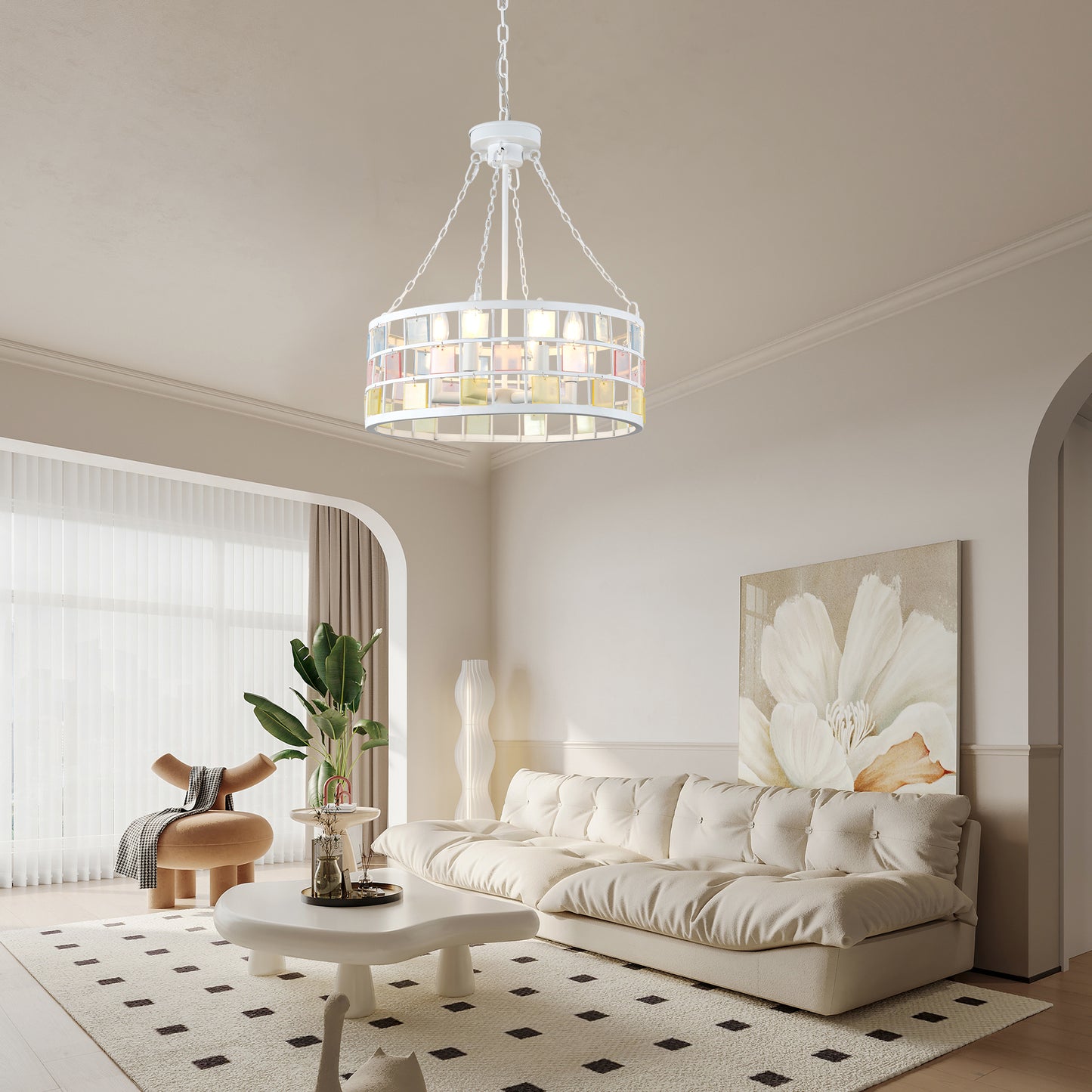 BD4084-W-18" Modern Colorful Accents White Metal Caged Chandelier, Pendant Light, with Adjustable Chain and 6 Lights