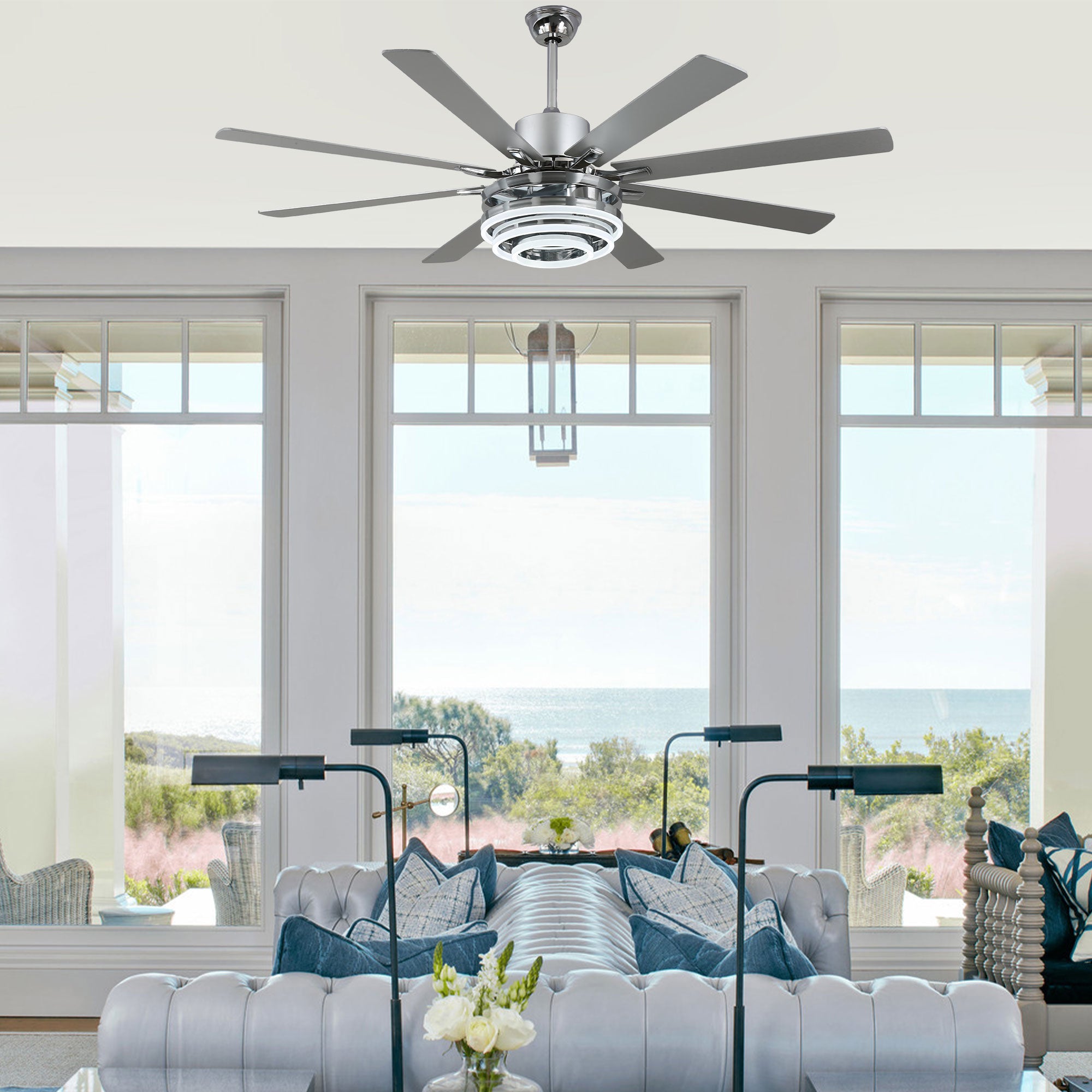 72 Inch Black/Gold/Chrome 8-Blade Modern Extra Large Ceiling Fan with LED Light and Remote, 6 Speeds DC Motor Reversible Ceiling Fan DIY Shade