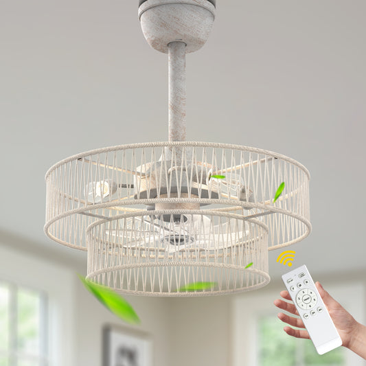 DC2030-20" Distressed White Finish Rattan Reversible Ceiling Fan with Remote and Lights, DC Motor Ceiling Fan