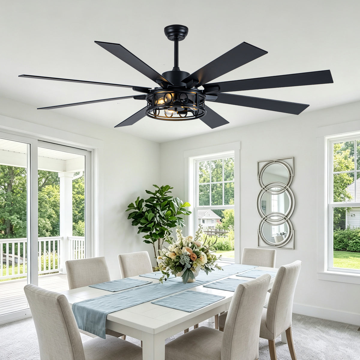 Farmhouse 72 Inch Caged Down Rods Ceiling Fan with Light Reversible Quiet DC Motor 6-Speed Ceiling Fan with Light Retro Remote Control Timming Ceiling Fan with Light Suit for Living Room, Bedroom, Kitchen