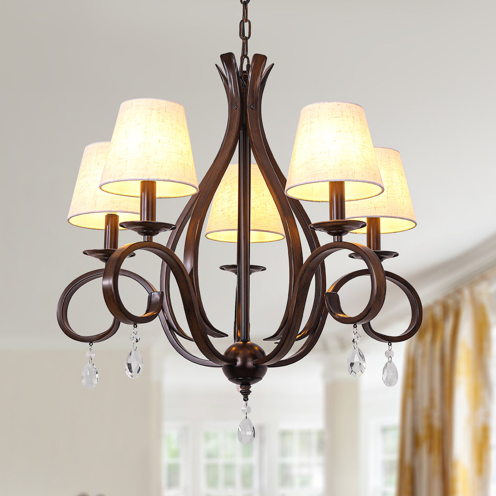 5 - Light Aged Brass Traditional Chandelier, Rustic Bronze Farmhouse Chandelier with Fabric Shades Candle Style Classic Chandelier for Living Room