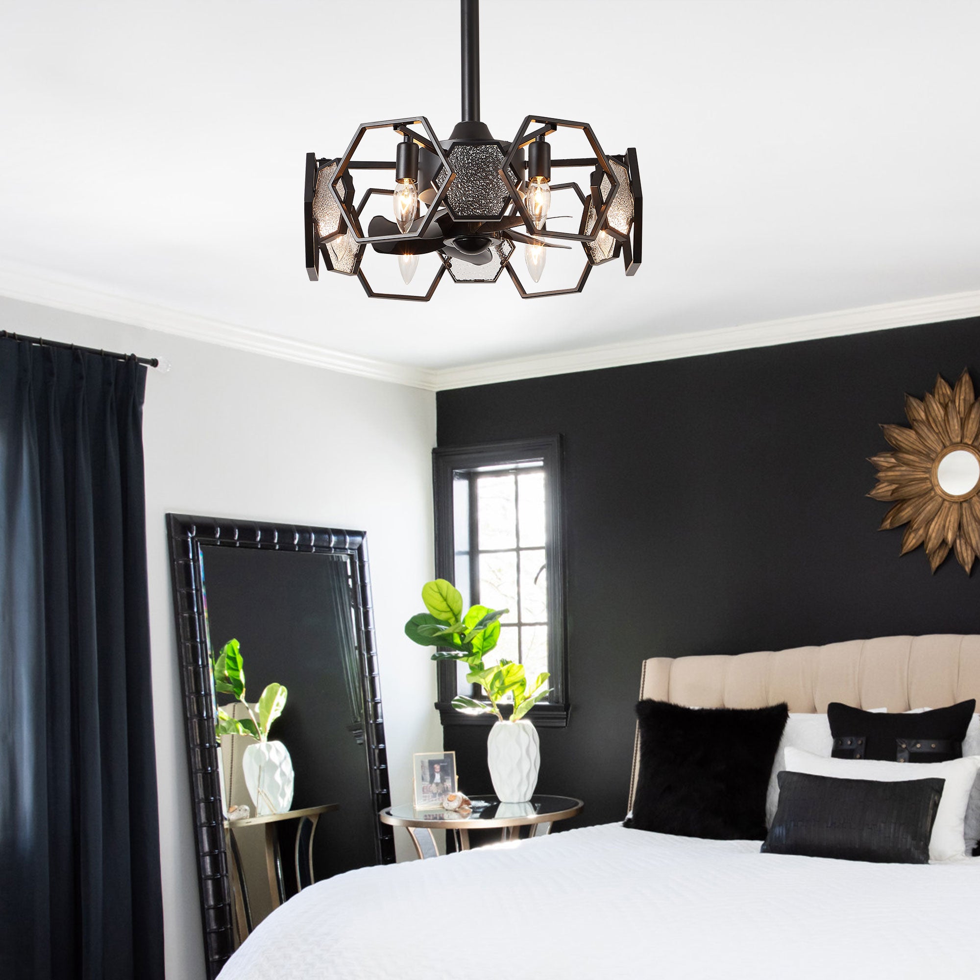 DC1903-BellaDepot 18.9" Gold/Black/Silver Finish Geometric Reversible Ceiling Fan with 6 Lights and Remote