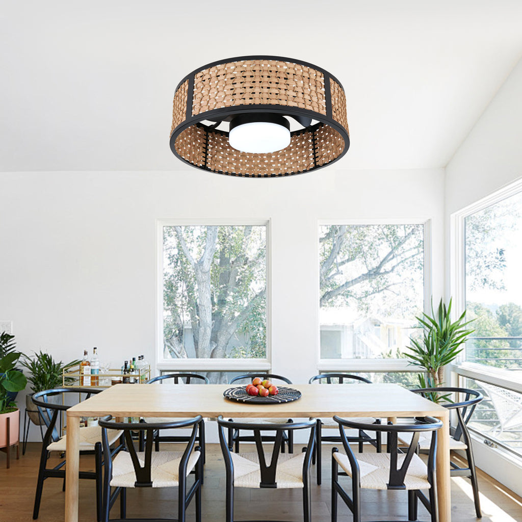 Bohemian 20 Inch Flush Mount Ceiling Fan with Light Caged Bamboo and Paper Rope Woven Shade Ceiling Fan with Ligth Dimmable LED and Reversible DC Motor Ceiling Fan Suit for Bedroom, Kitchen