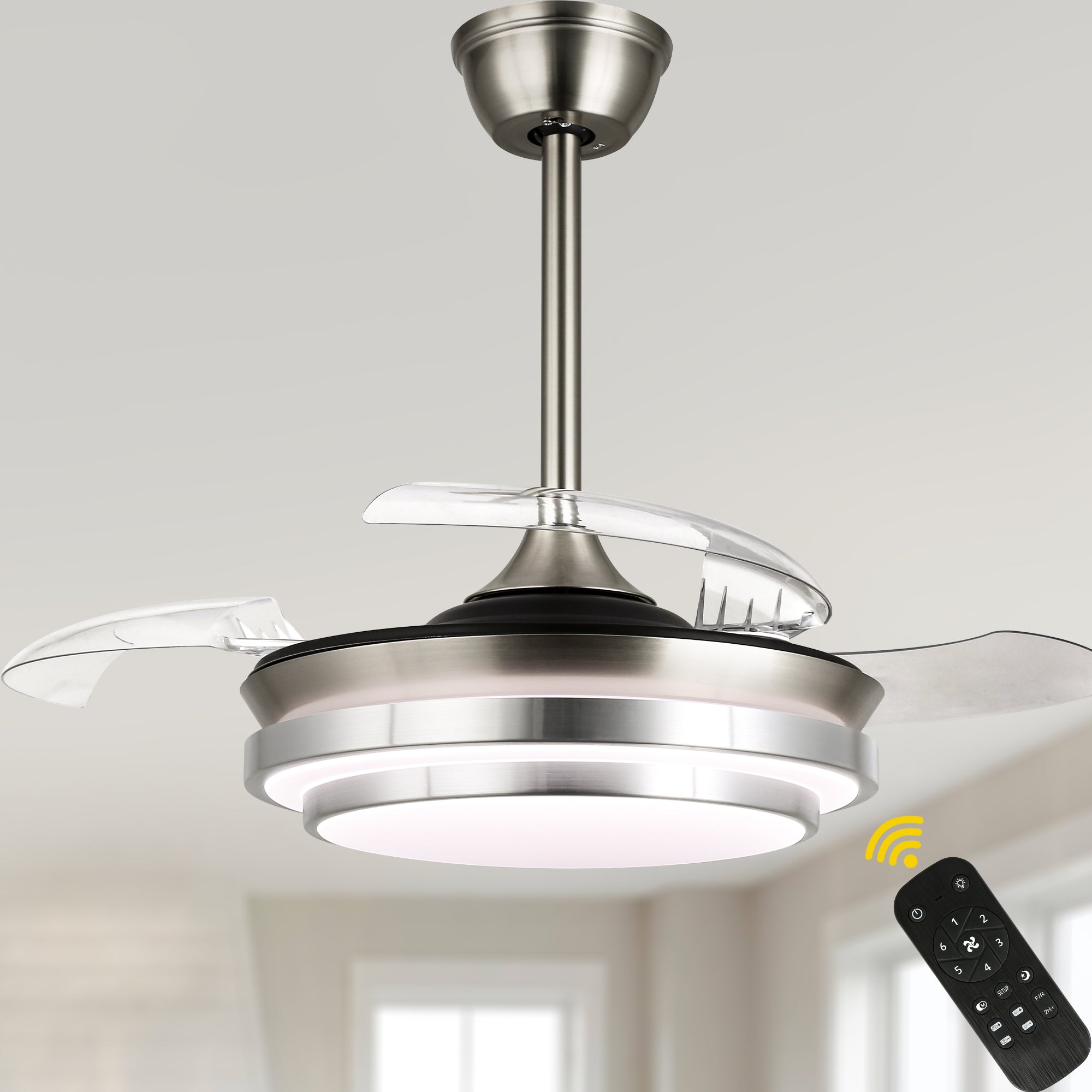 36 Inch Chrome Modern Retractable Ceiling Fan with LED Light and Remote, 6 Speeds DC Motor Bladeless Fandelier Ceiling Fan