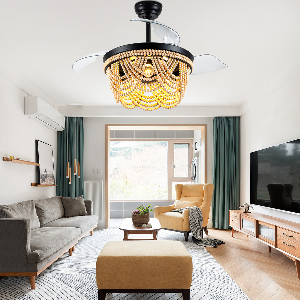 42 Inch Black Bohemian Retractable Ceiling Fan with Lights and Remote, 6 Speeds DC Motor Bladeless Fandelier Ceiling Fan with Wood Beaded Shade