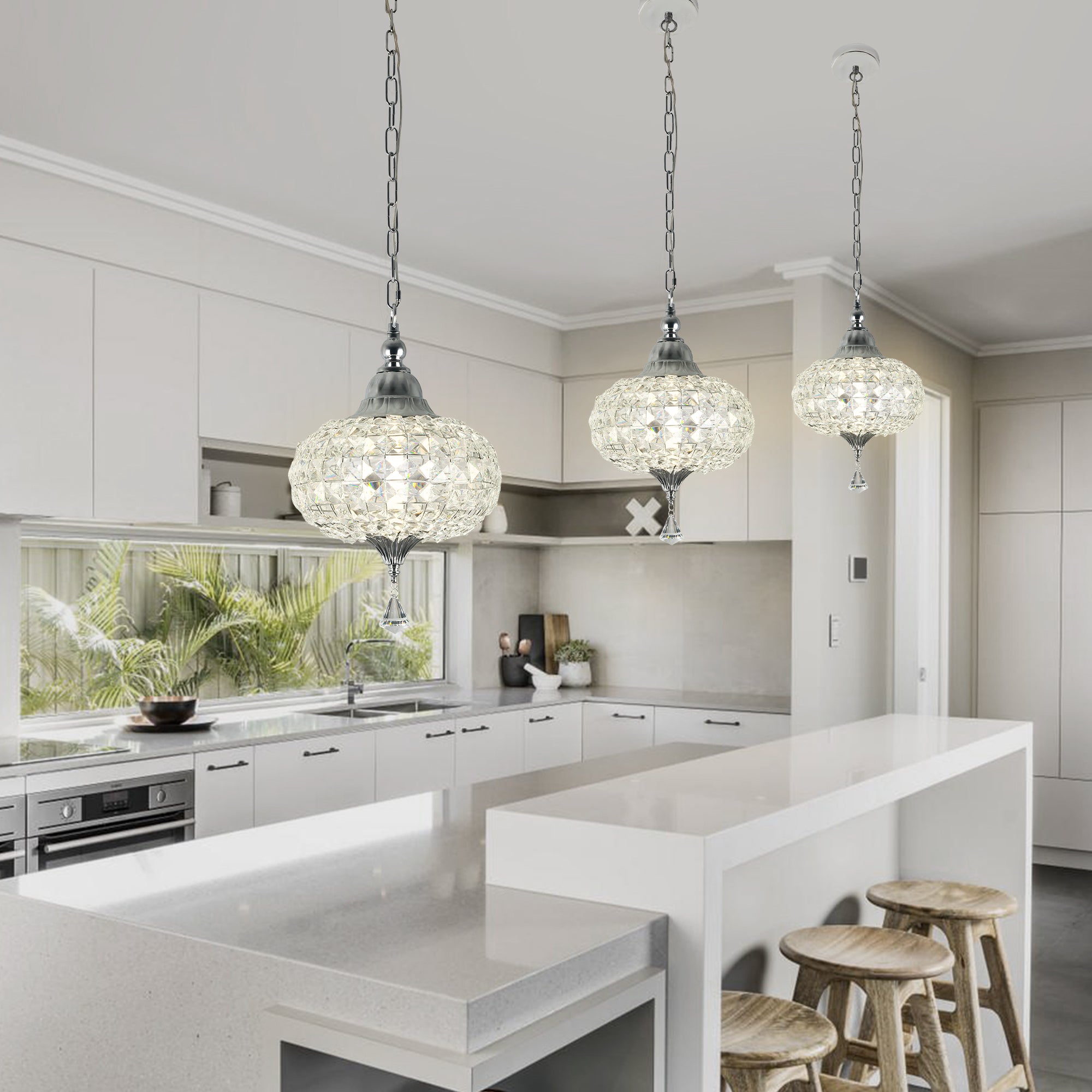 1 - Light Black/Chrome Globe Crystal Pendant Light with LED, 11.2" Dining Room Light Fixtures Kitchen Island Light