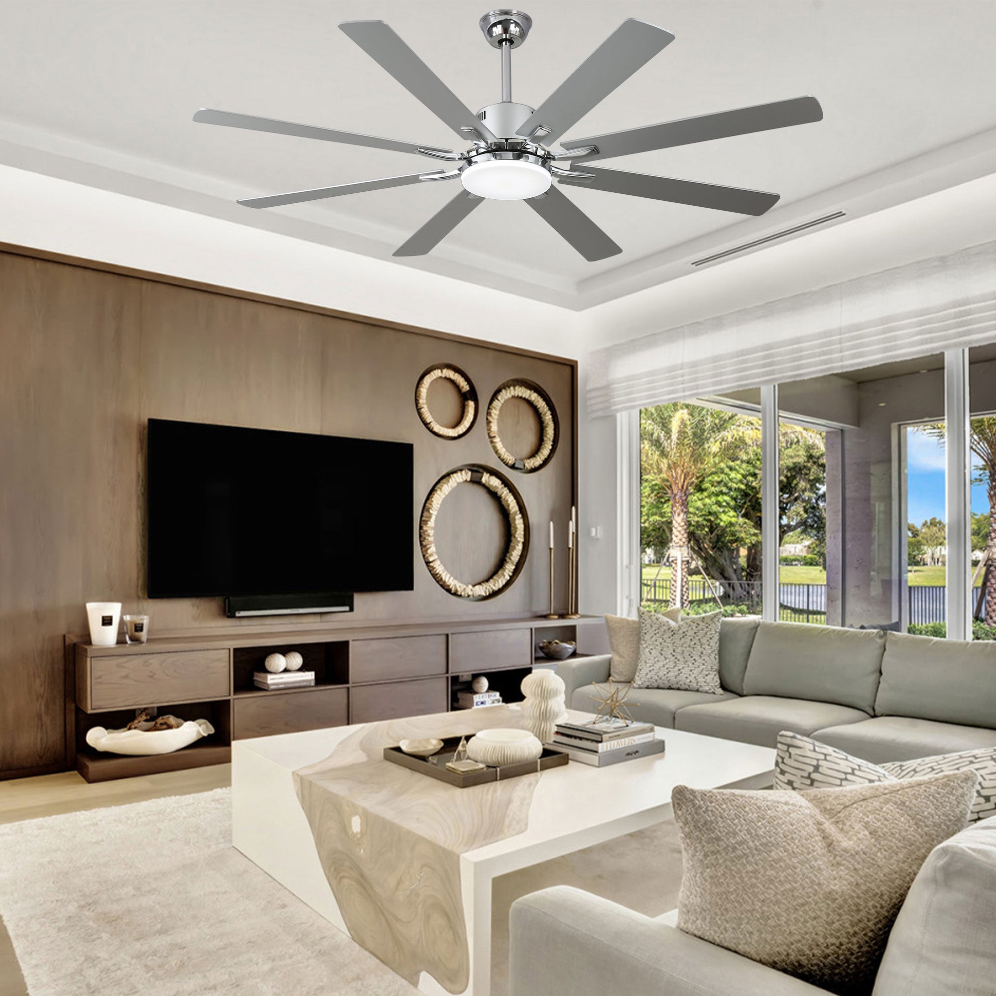DC7203-BellaDepot 72" 8 Blades Black/Silver Finish Modern Urban Reversible Ceiling Fan with Remote and LED Light Kit Included, Large Size Dimmable Ceiling Fan
