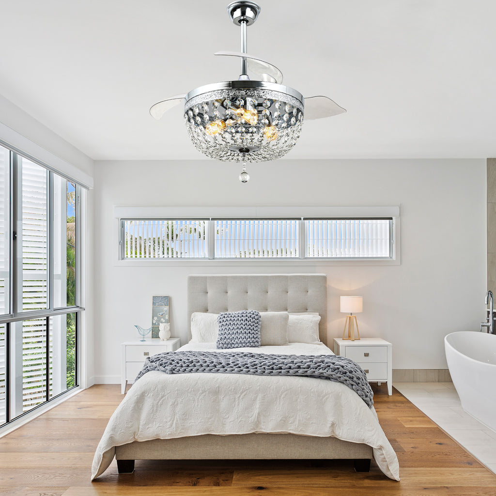 42 Inch Chrome Modern Glam Crystal Retractable Ceiling Fan with Lights and Remote Control, 6 Speeds DC Motor Fandelier Ceiling Fan