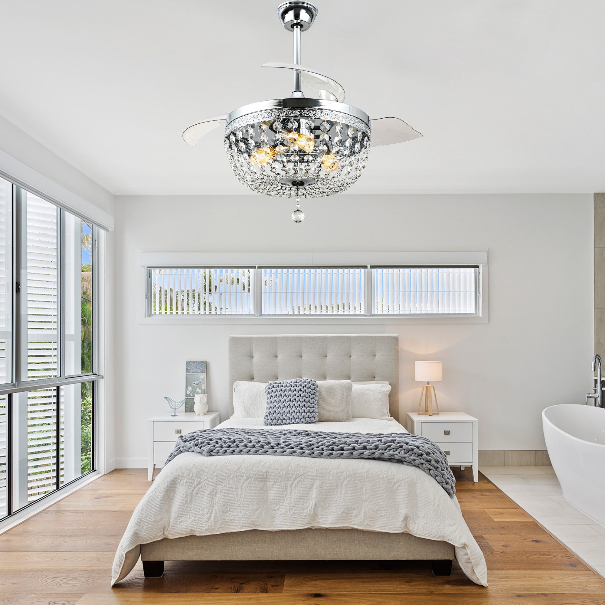 DC4269-C-BellaDepot 42" Retro Silver Crystal Chandelier Ceiling Fan with Invisible Blades and Remote Control, Retractable Ceiling Fan for Living Room