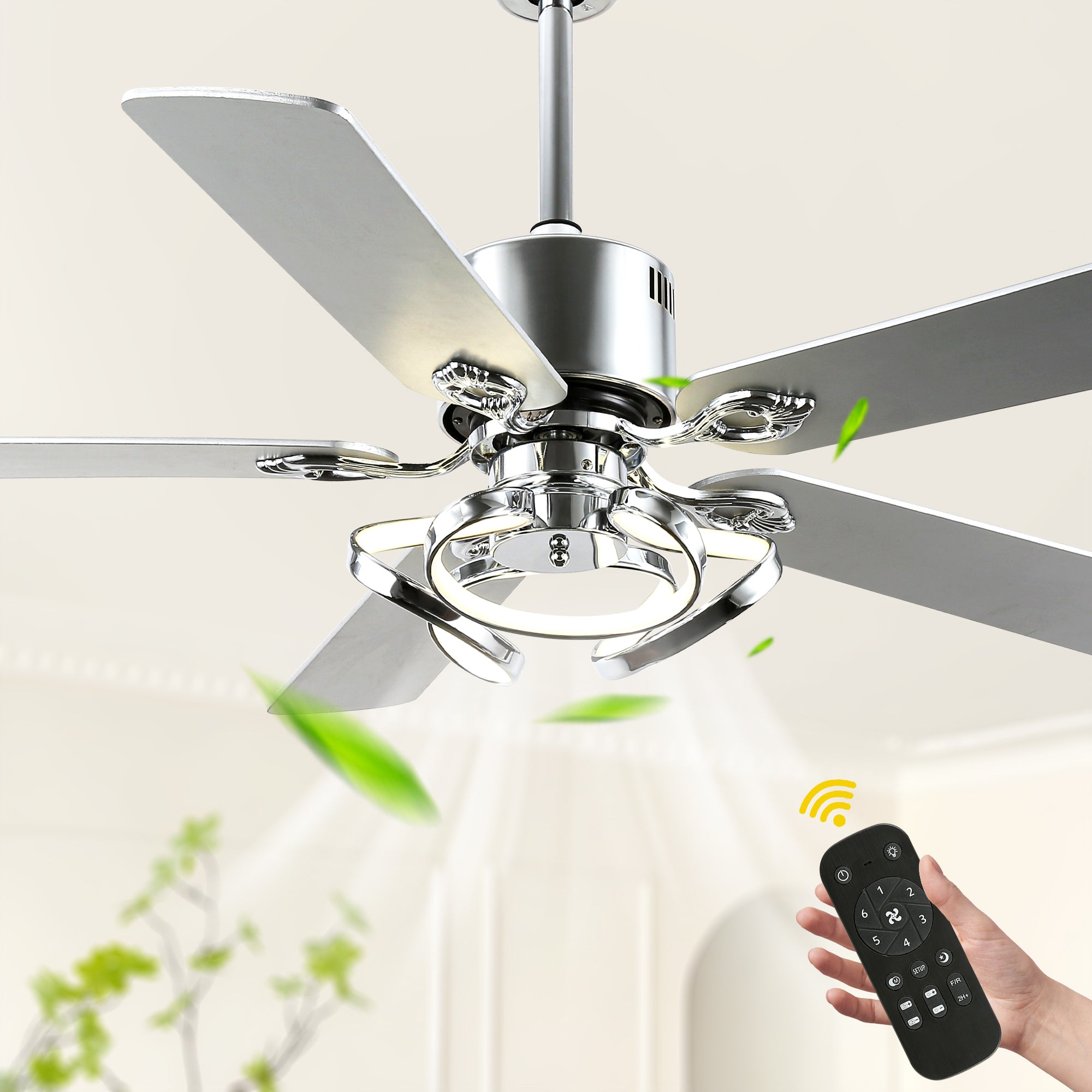 52 Inch Black/Chrome Modern Ceiling Fan with Led Light and Remote Control, 6 Speeds DC Motor Reversible Ceiling Fan for Living Room