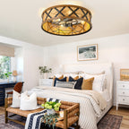 23 Inch Bohemian Rattan Flush Mount Ceiling Fan with Lights and Remote, 6 Speeds DC Motor Farmhouse Low Profile Bladeless Ceiling Fan