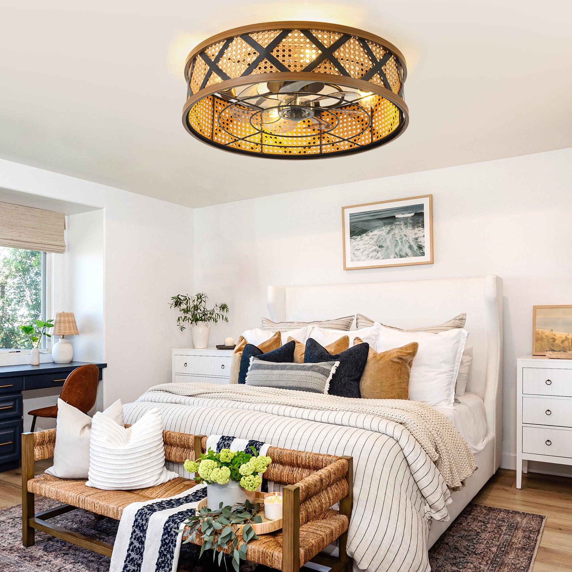 23 Inch Bohemian Rattan Flush Mount Ceiling Fan with Lights and Remote, 6 Speeds DC Motor Farmhouse Low Profile Bladeless Ceiling Fan