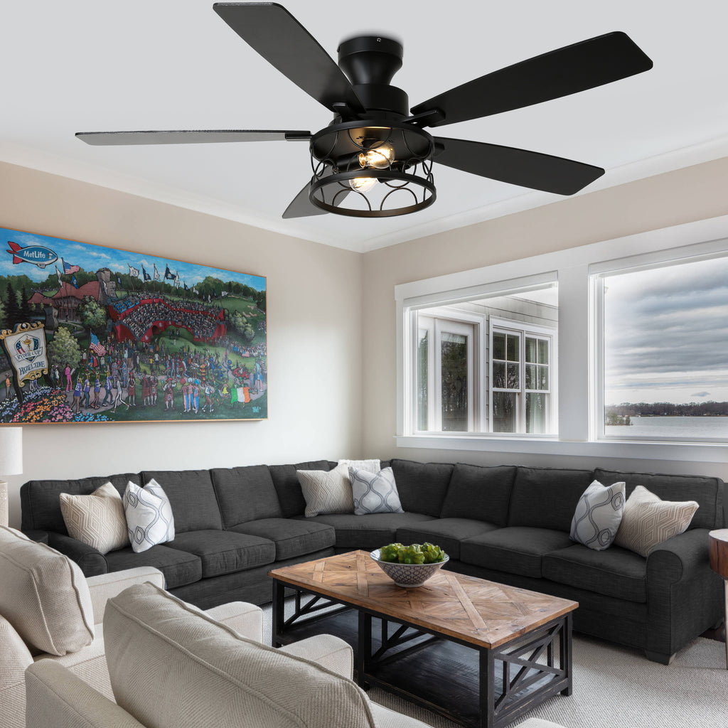 52 Inch Black Farmhouse Industrial Flush Mount Ceiling Fan with Lights and Remote, 6 Speeds DC Motor Reversible Low Profile Ceiling Fan