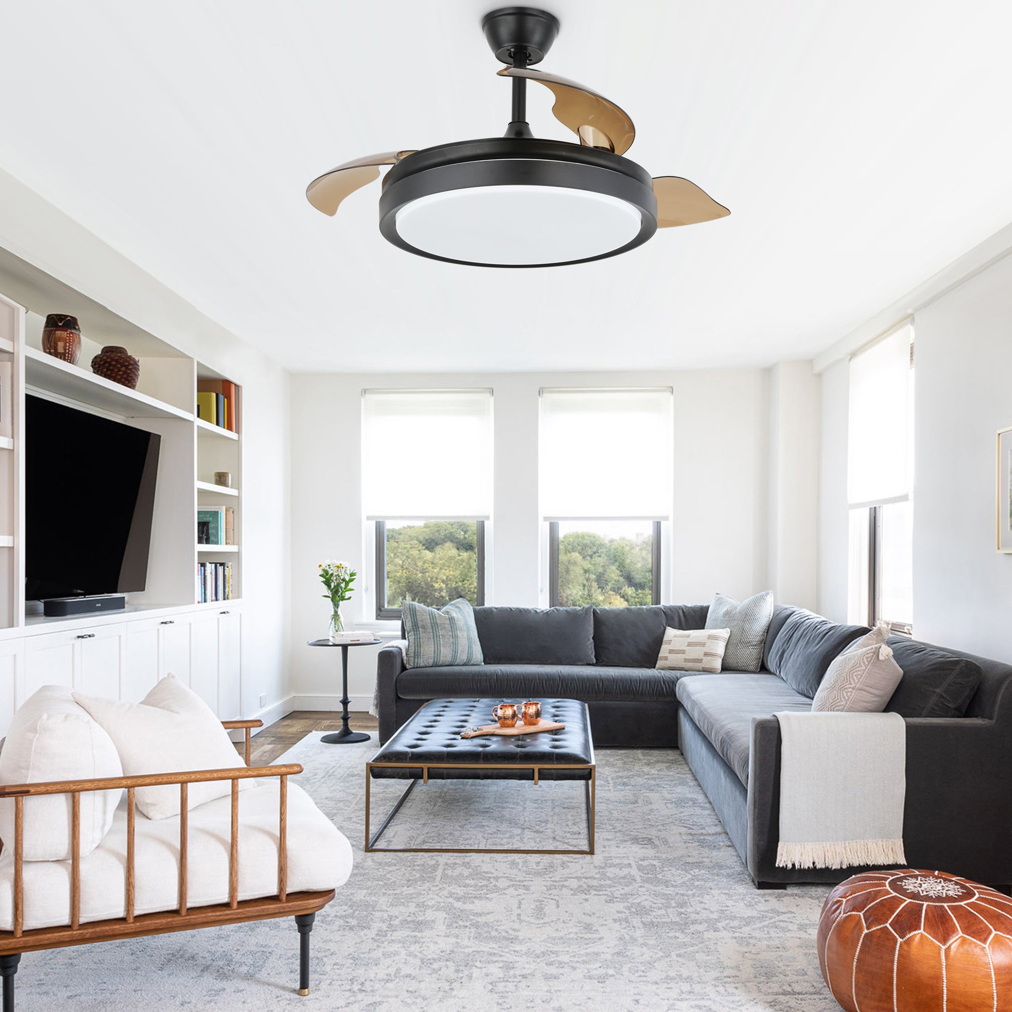 DC4205-BellaDepot 42" Black/Gold/White Finish Retractable Ceiling Fan with Remote and LED Light Kit Included, CCT Dimmable Ceiling Fan