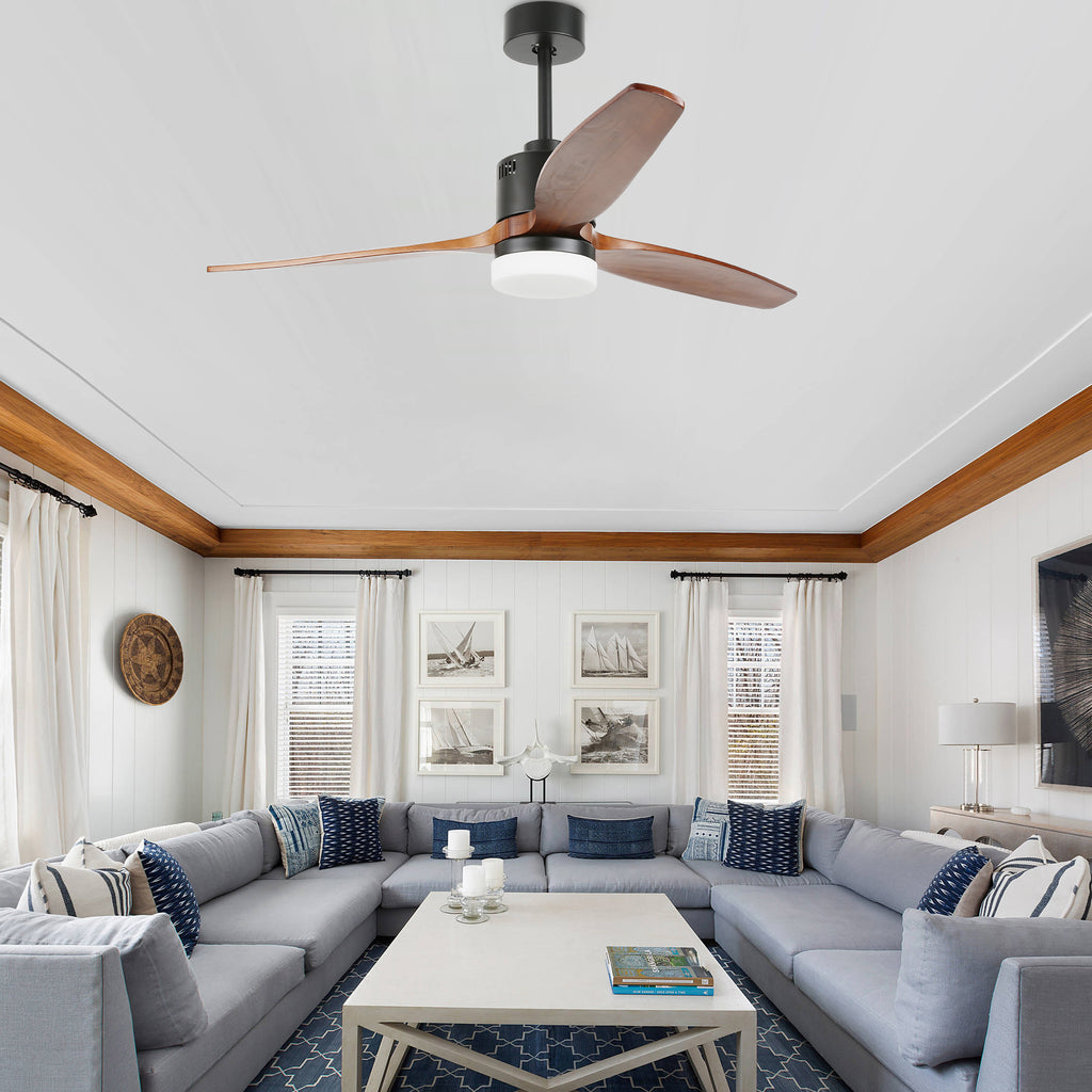 52 Inch 3 Wooden Blades Ceiling Fan with Dimmable LED Light and Remote, 6 Speeds DC Motor Reversible Ceiling Fan for Living Room