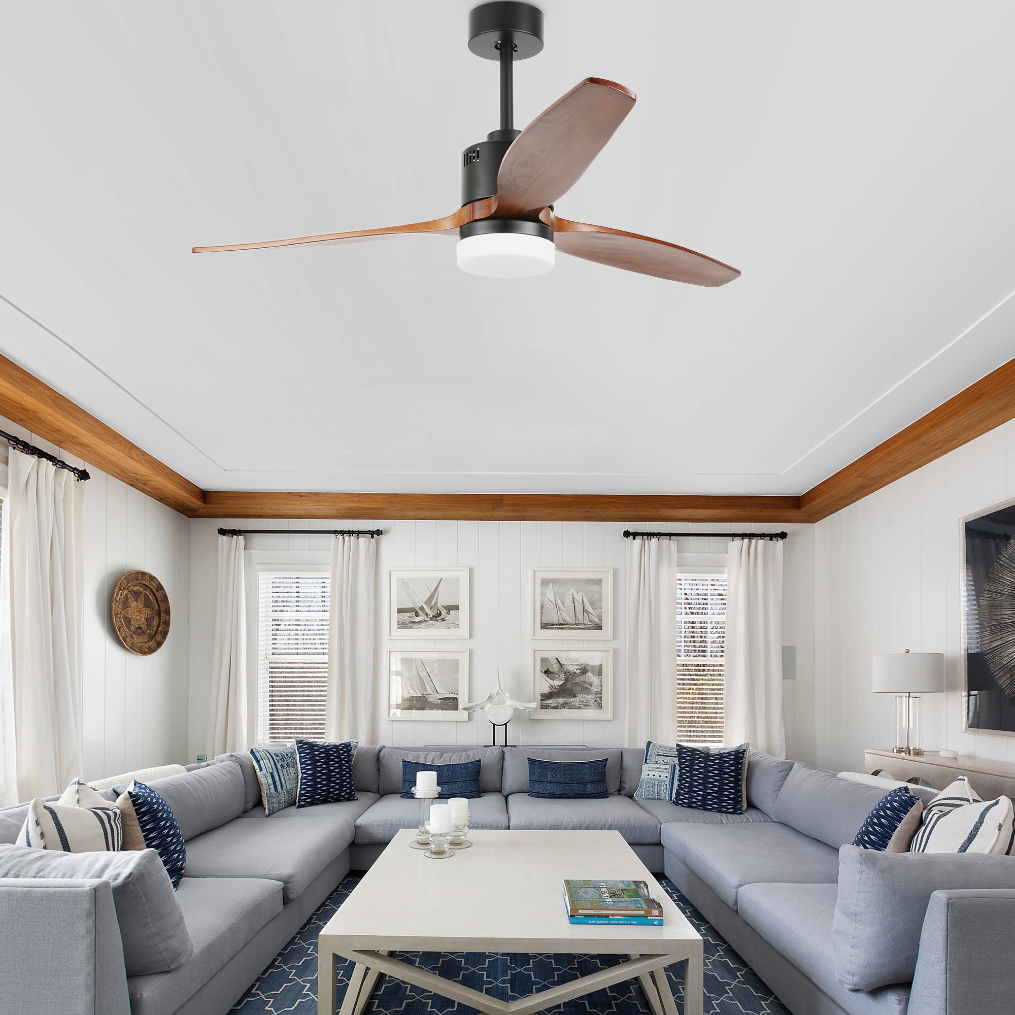 52 Inch 3 Wooden Blades Ceiling Fan with Dimmable LED Light and Remote, 6 Speeds DC Motor Reversible Ceiling Fan for Living Room