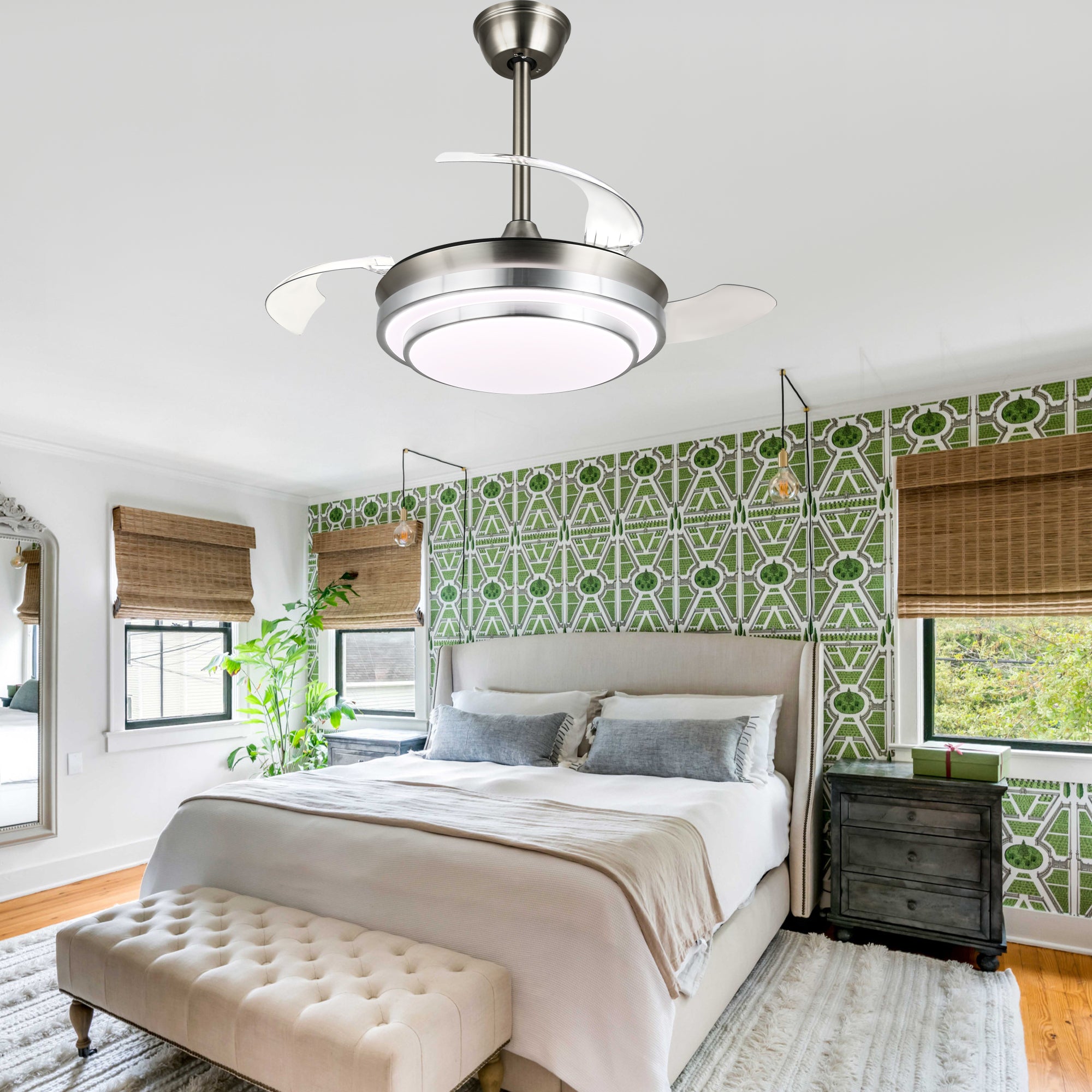 36 Inch Chrome Modern Retractable Ceiling Fan with LED Light and Remote, 6 Speeds DC Motor Bladeless Fandelier Ceiling Fan