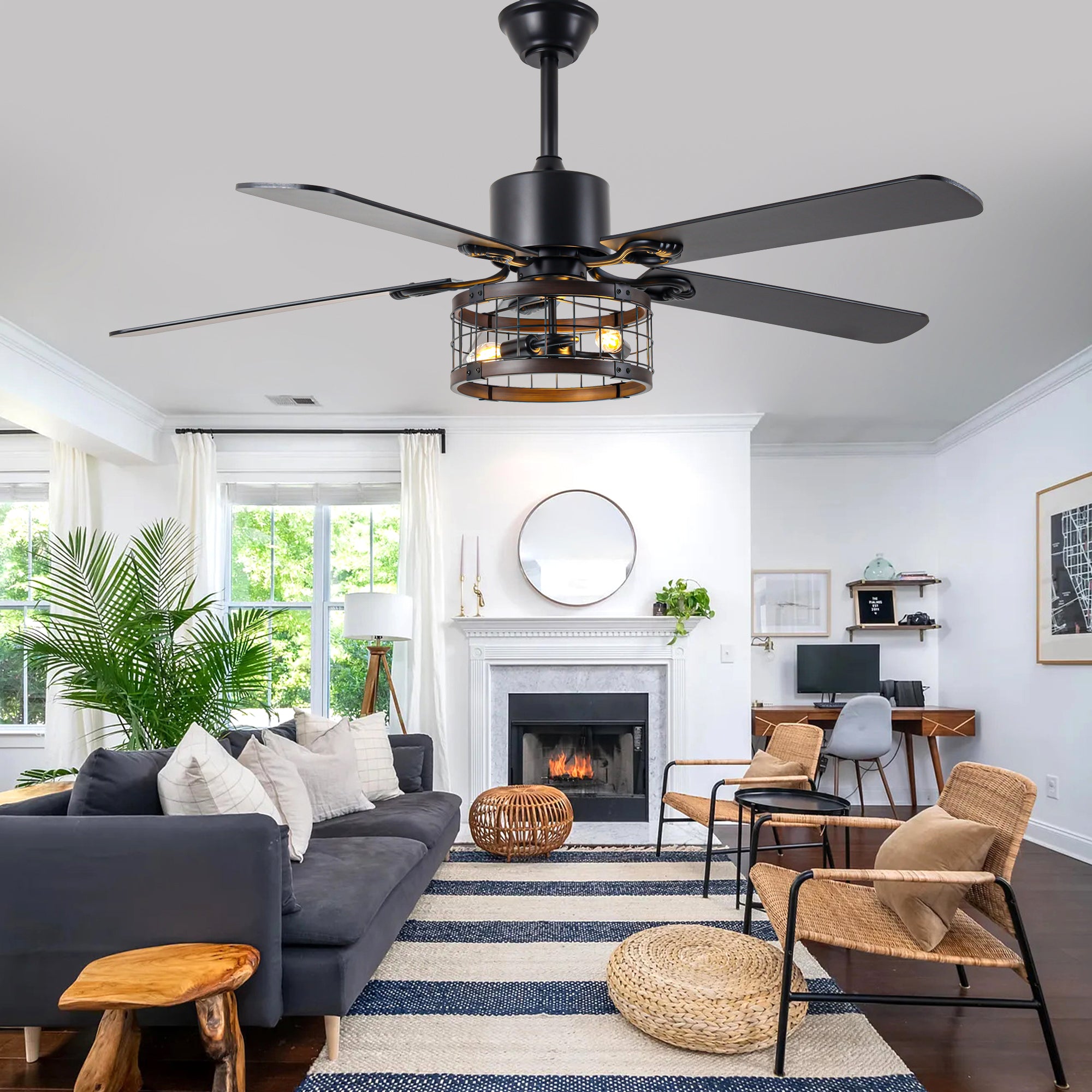 52 Inch Industrial Farmhouse Ceiling Fan with Lights and Remote Control, 6 Speeds Reversible Caged Ceiling Fan for Living Room