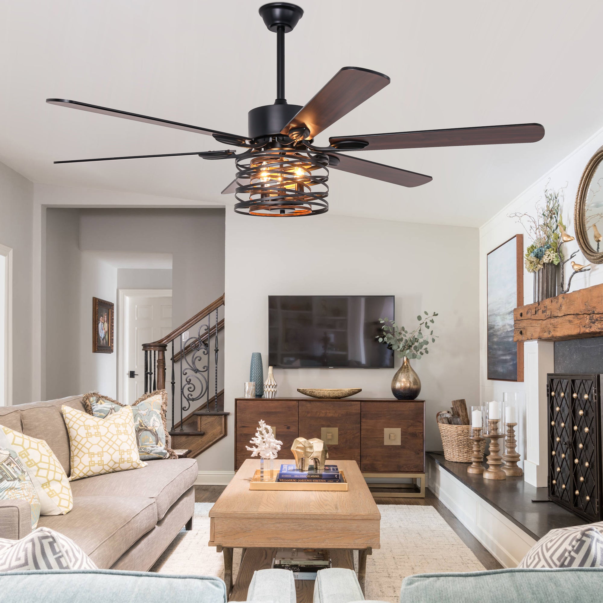 DC6507-BellaDepot 65" Farmhouse Industrial Brown Large Size Ceiling Fan with Remote Control, Silent Motor 6 Speeds Straight Leaf Fan with 3 Lights