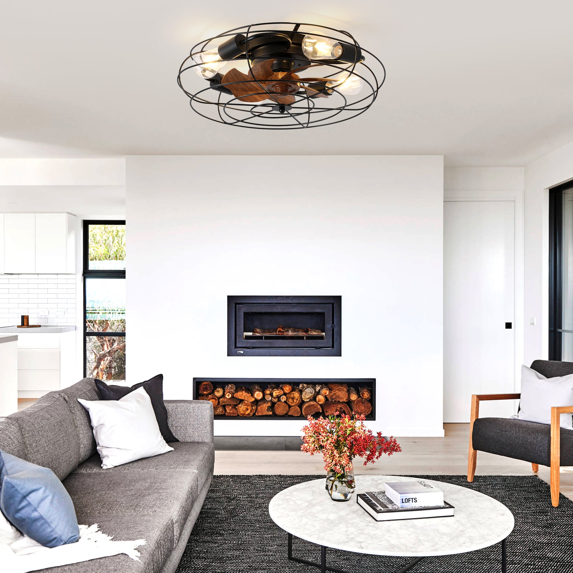 20 Inch Farmhouse Industrial Flush Mount Ceiling Fan with Lights and Remote, 6 Speeds DC Motor Bladeless Caged Ceiling Fan for Bedroom