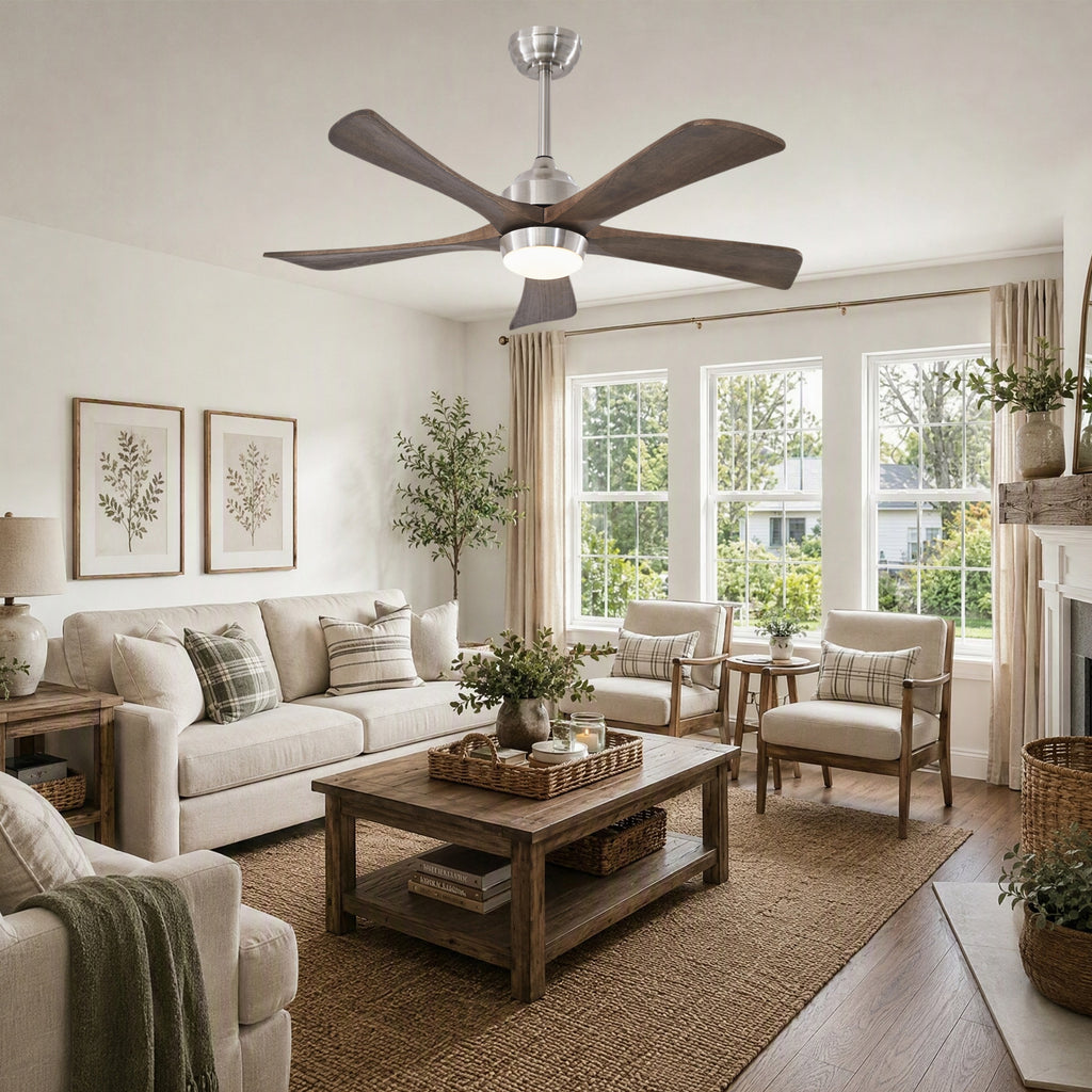 42 Inch Modern Farmhouse Stain Nickel Solid Wood Blade Ceiling Fan with Lights & Remote Control, 6 Speed DC Motor Reversible Ceiling Fan