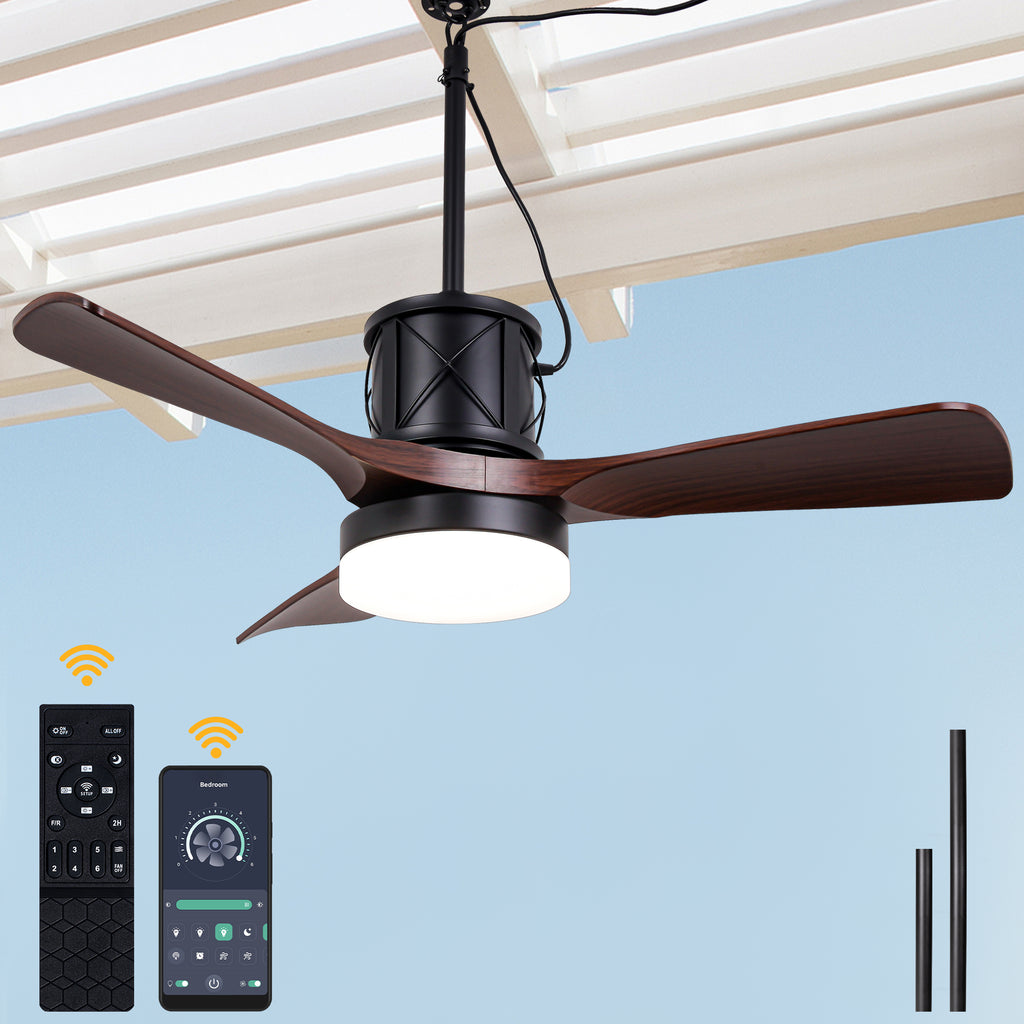 42 Inch Modern Farmhouse Smart Outdoor Ceiling Fan with Dimmable LED and Remote, 6 Speeds Waterproof Ceiling Fans Plug In Outside Patio Fan